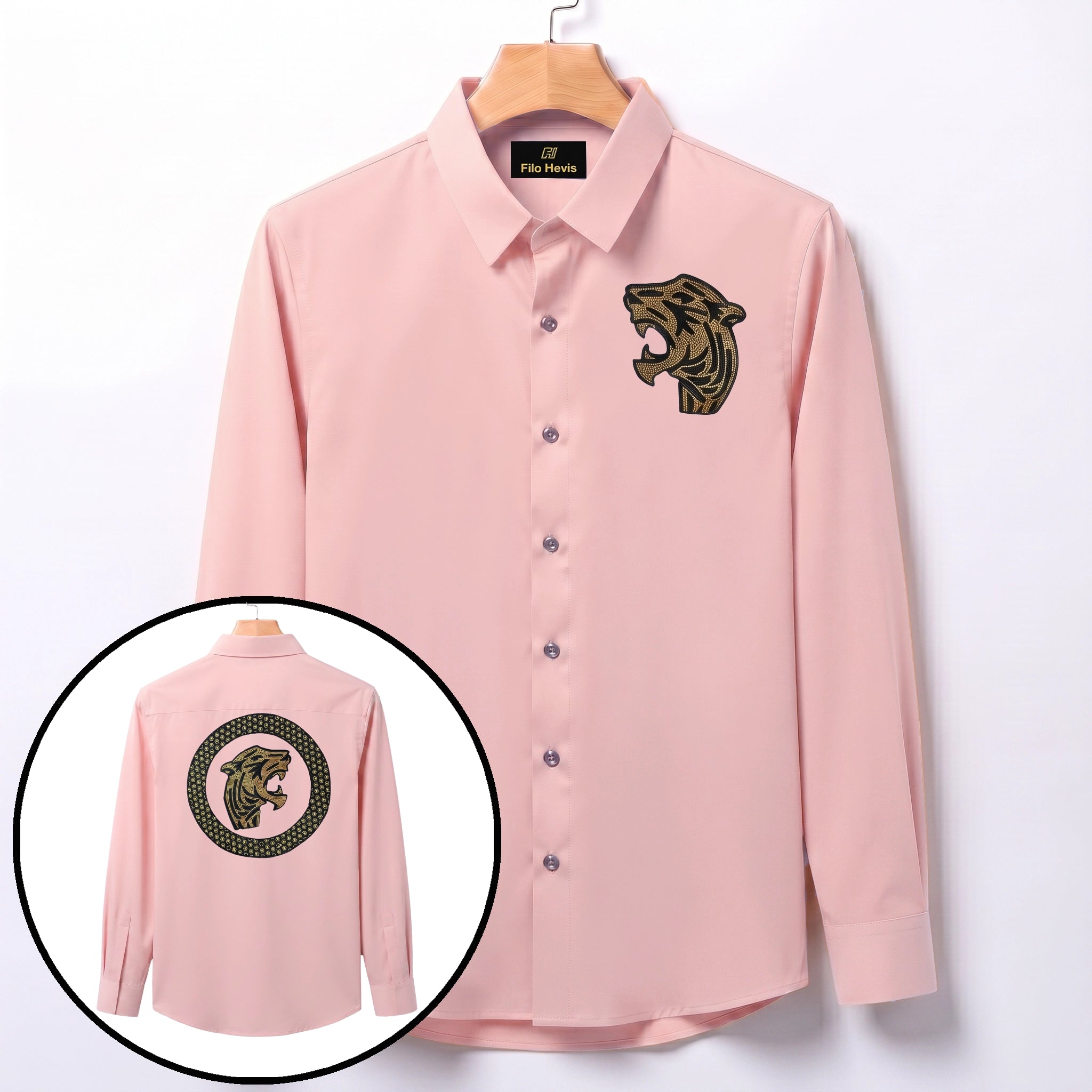 Front & Back Tiger Embroidery Party Shirts | Club Wear | Peach