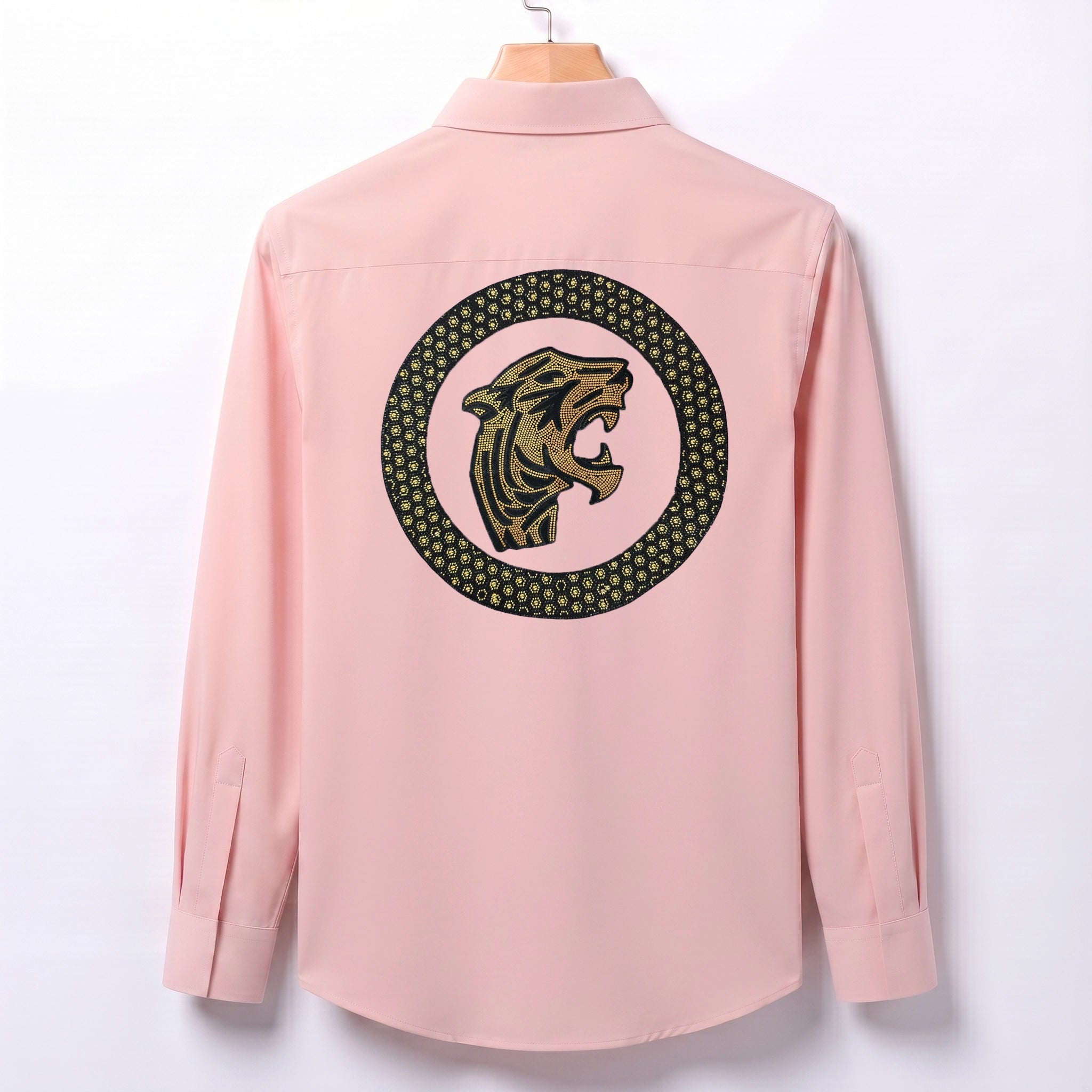 Front & Back Tiger Embroidery Party Shirts | Club Wear | Peach