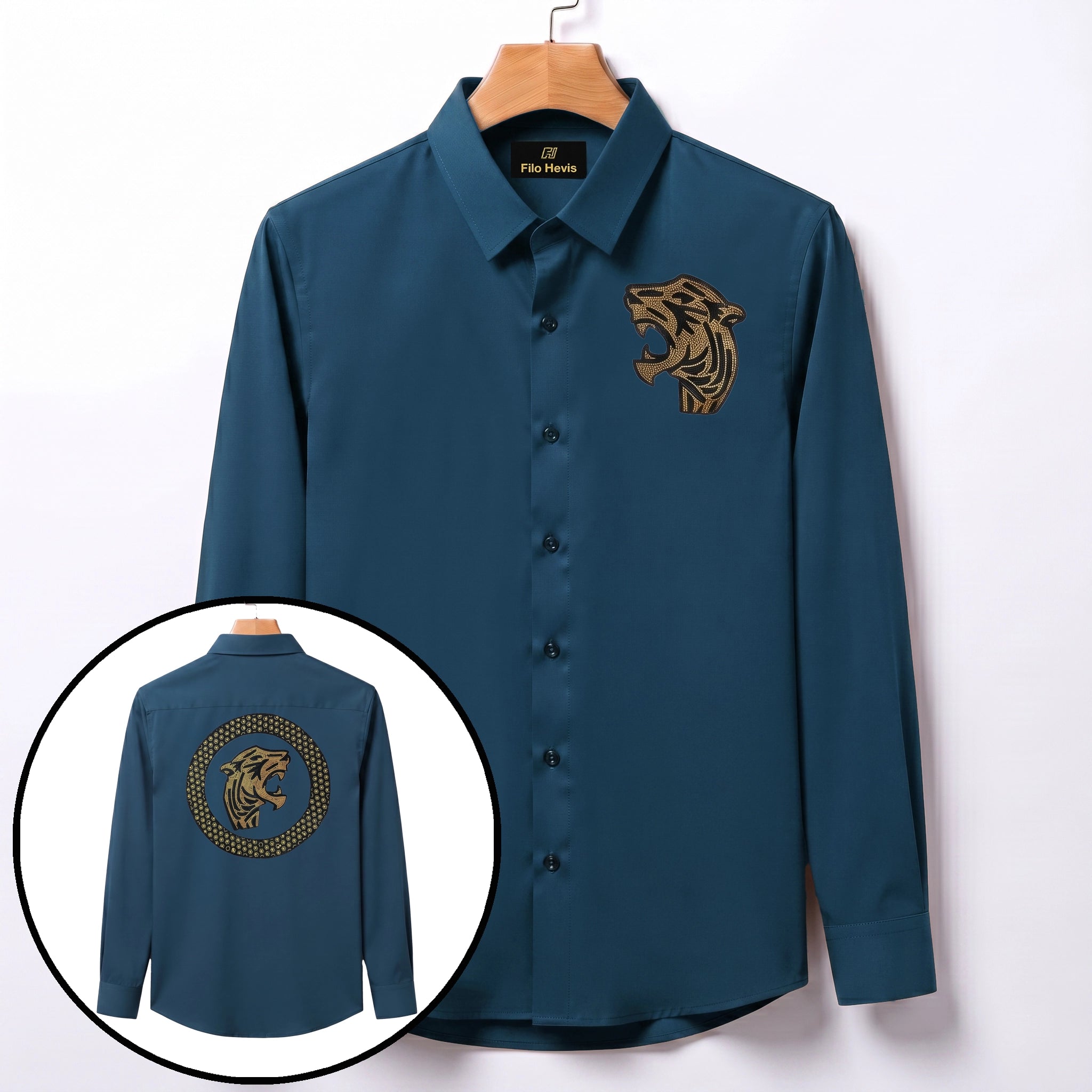 Front & Back Tiger Embroidery Party Shirts | Club Wear | Teal Blue