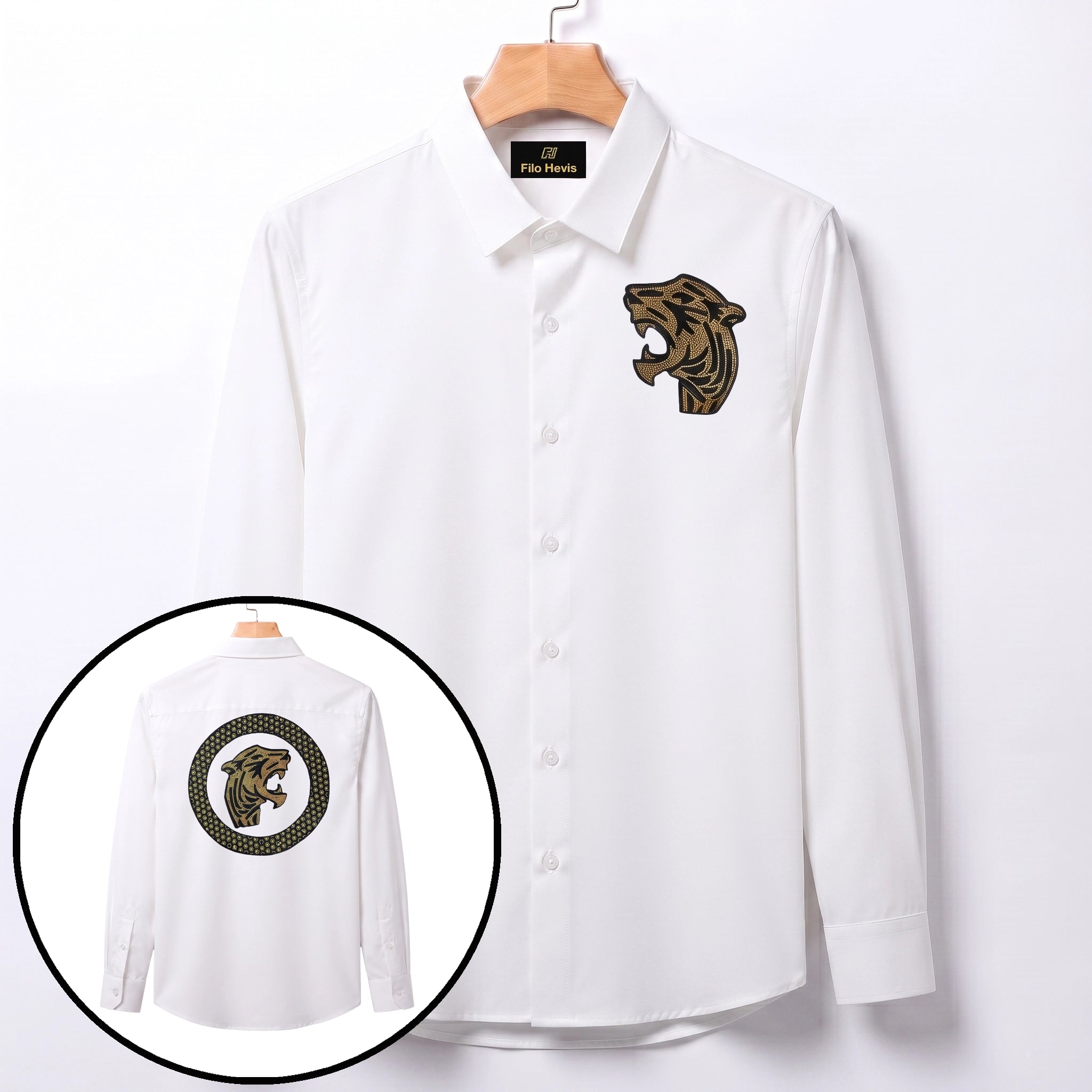 Front & Back Tiger Embroidery Party Shirts | Club Wear | White