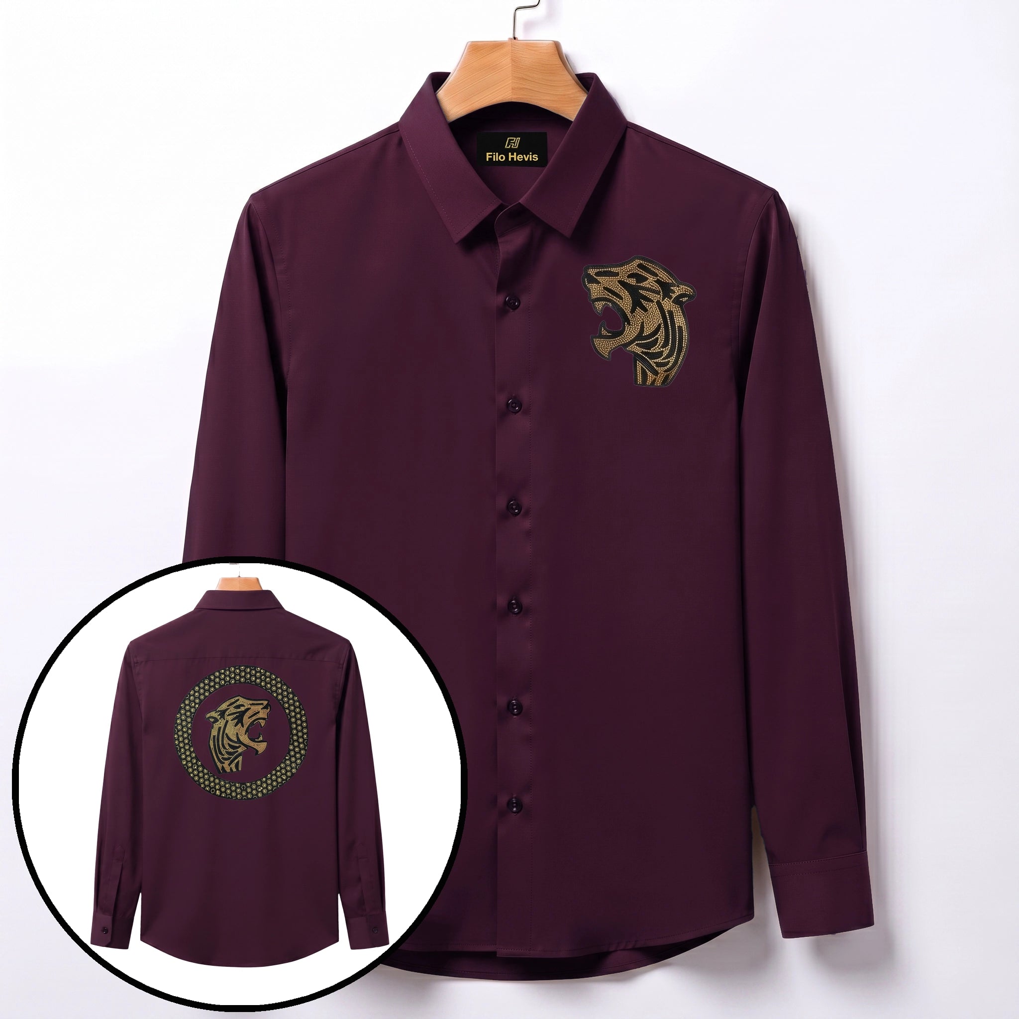 Front & Back Tiger Embroidery Party Shirts | Club Wear | Wine