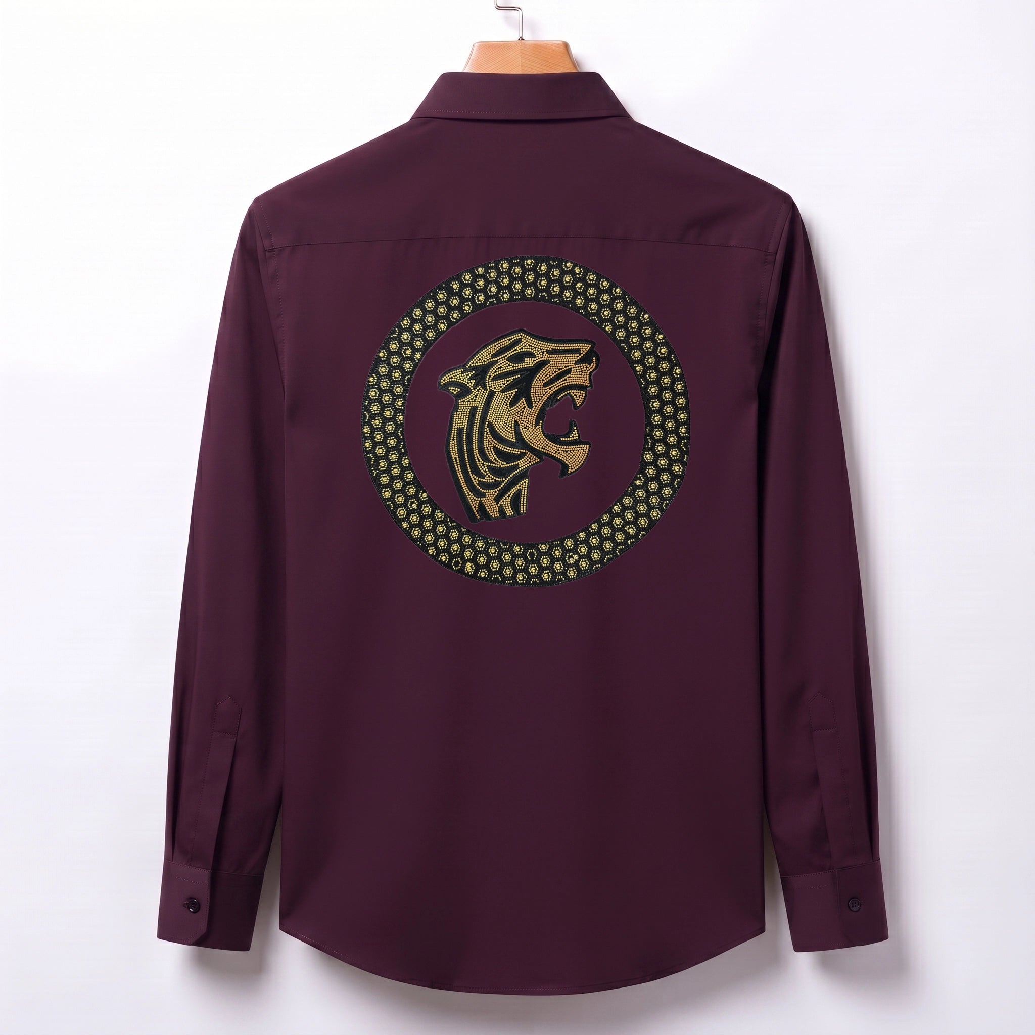 Front & Back Tiger Embroidery Party Shirts | Club Wear | Wine