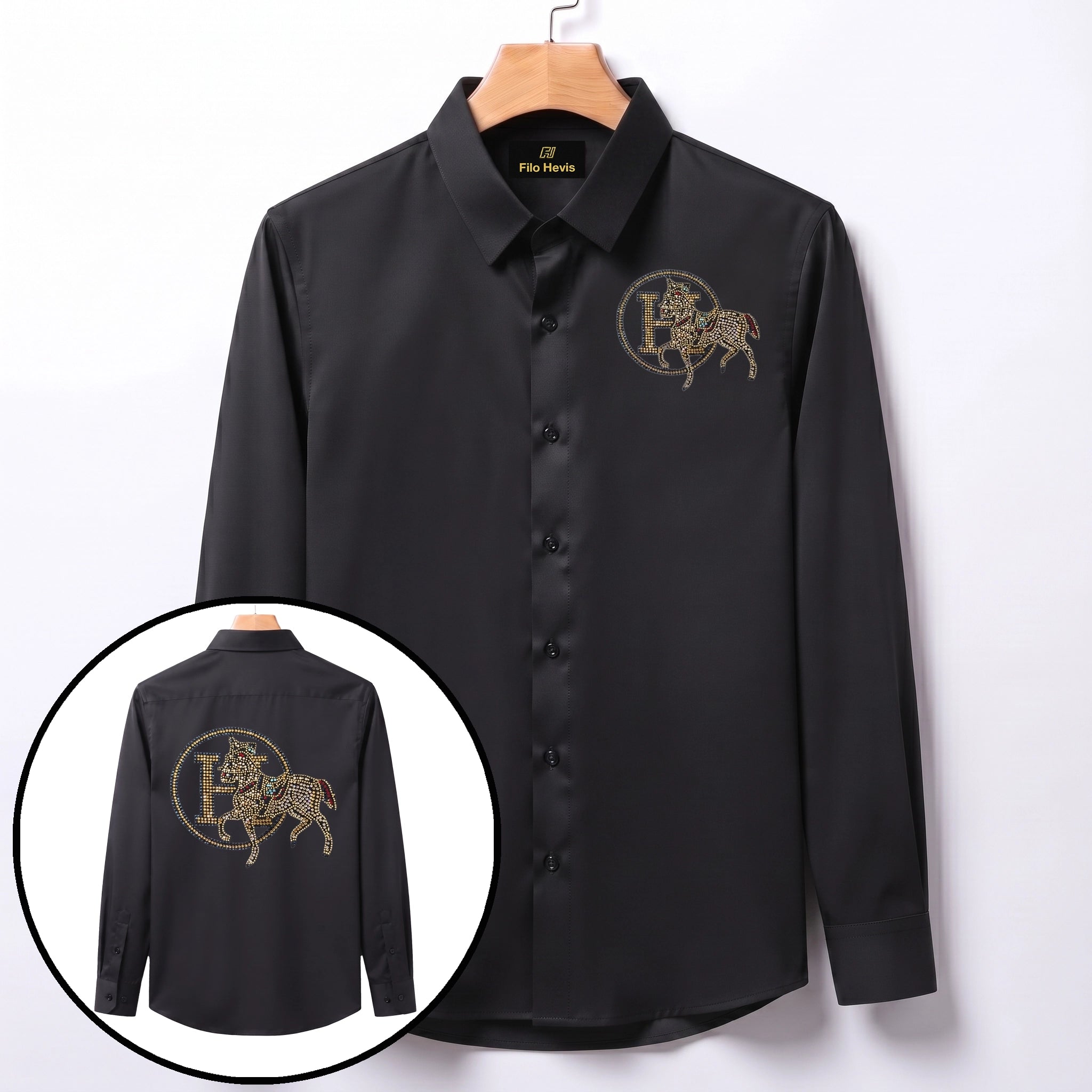 Front & Back Horse Embroidery Party Shirts | Club Wear | Black