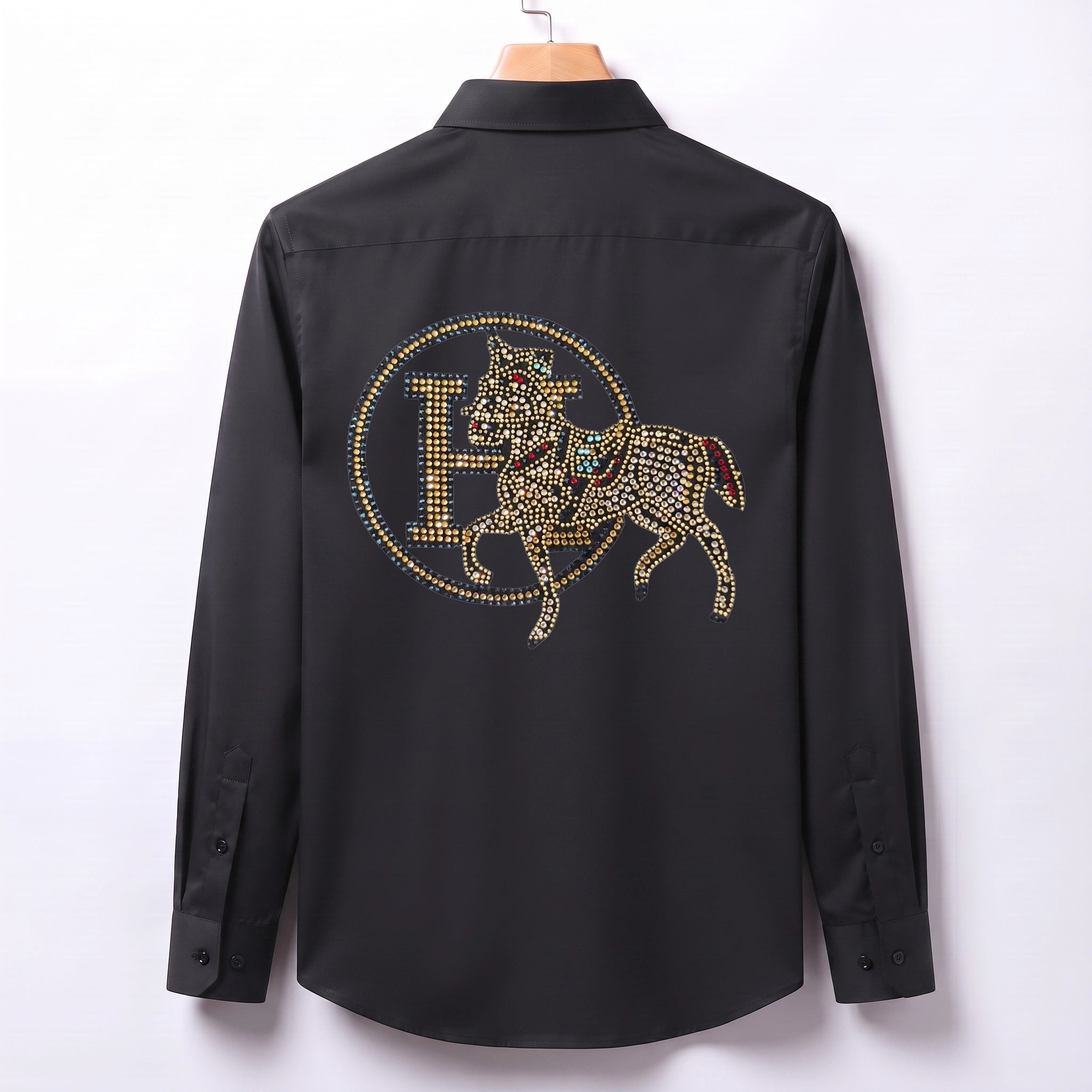 Front & Back Horse Embroidery Party Shirts | Club Wear | Black