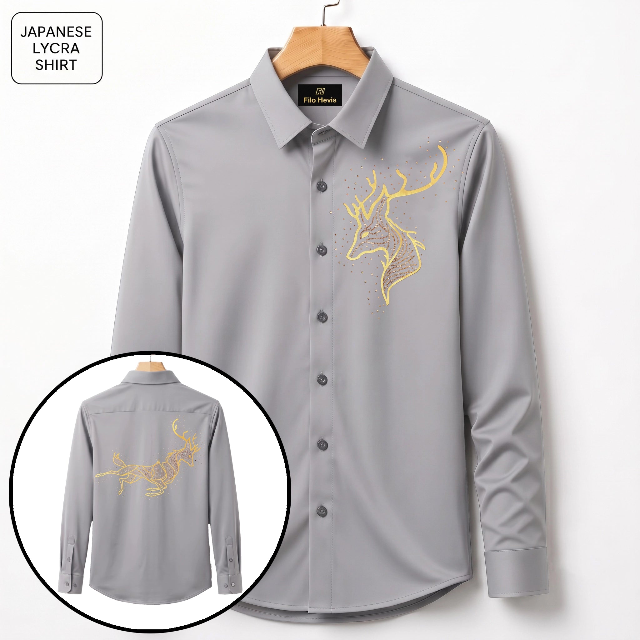 Front & Back Double Deer Embroidery Party Shirts | Club Wear | Light Grey
