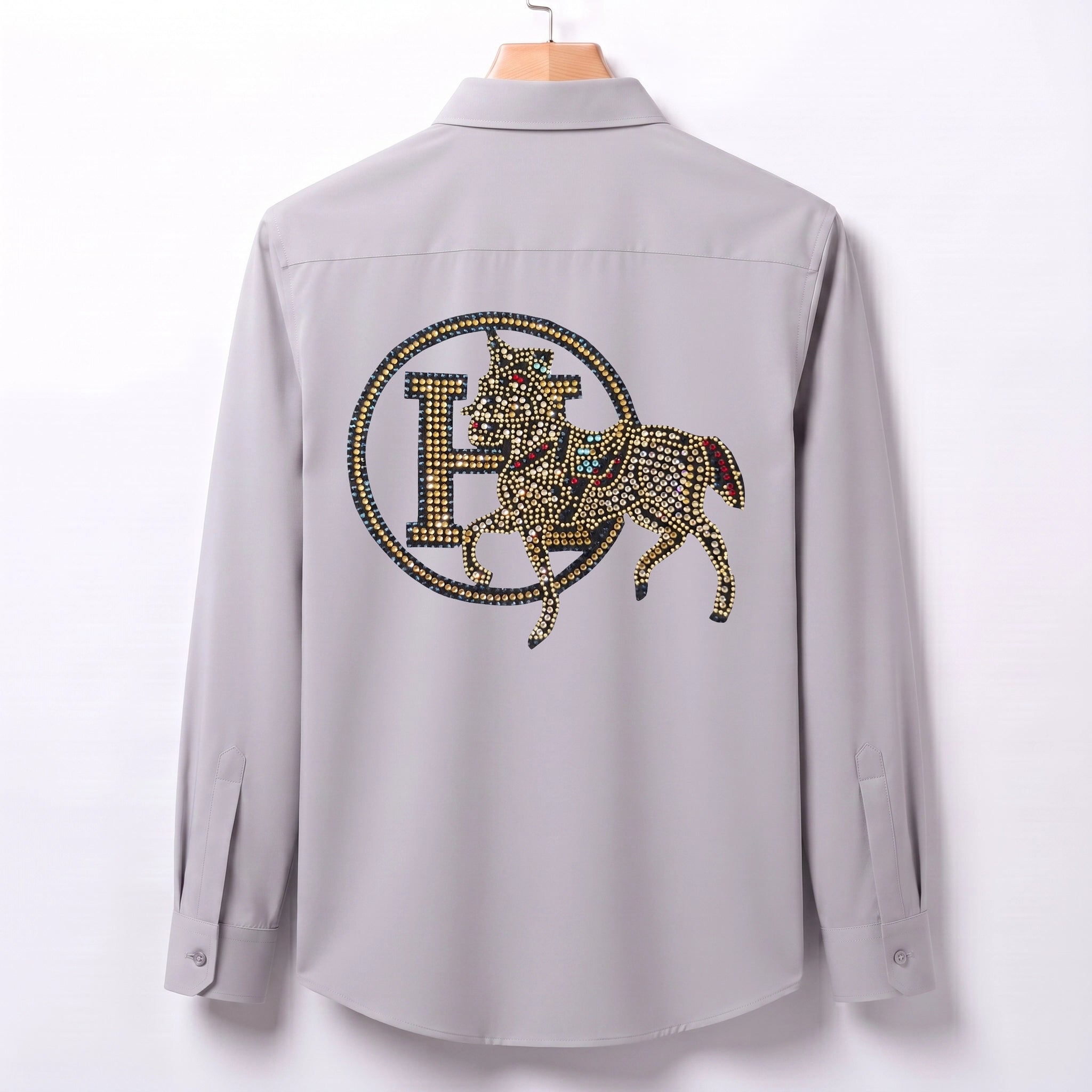 Front & Back Horse Embroidery Party Shirts | Club Wear | Light Grey