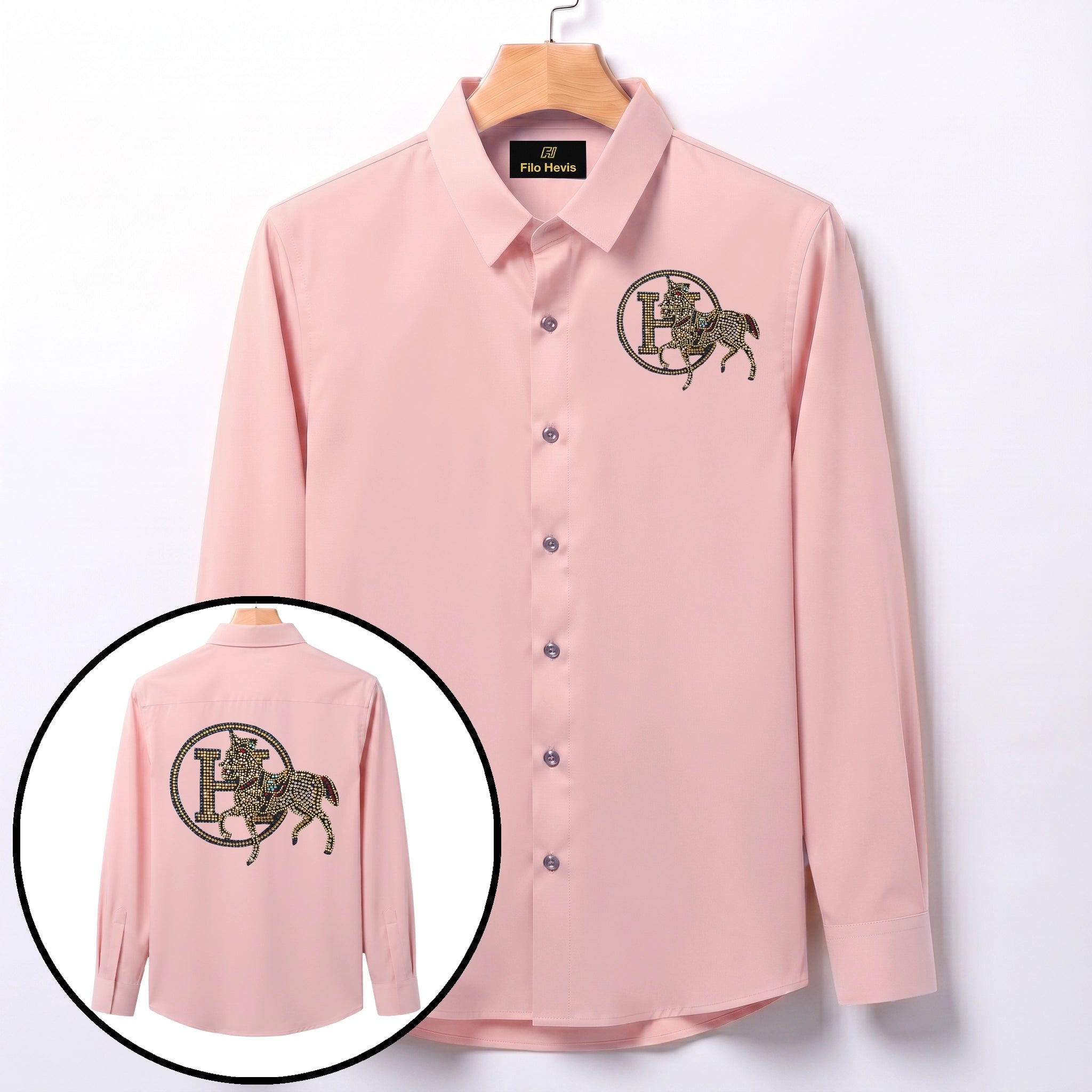 Front & Back Horse Embroidery Party Shirts | Club Wear | Peach