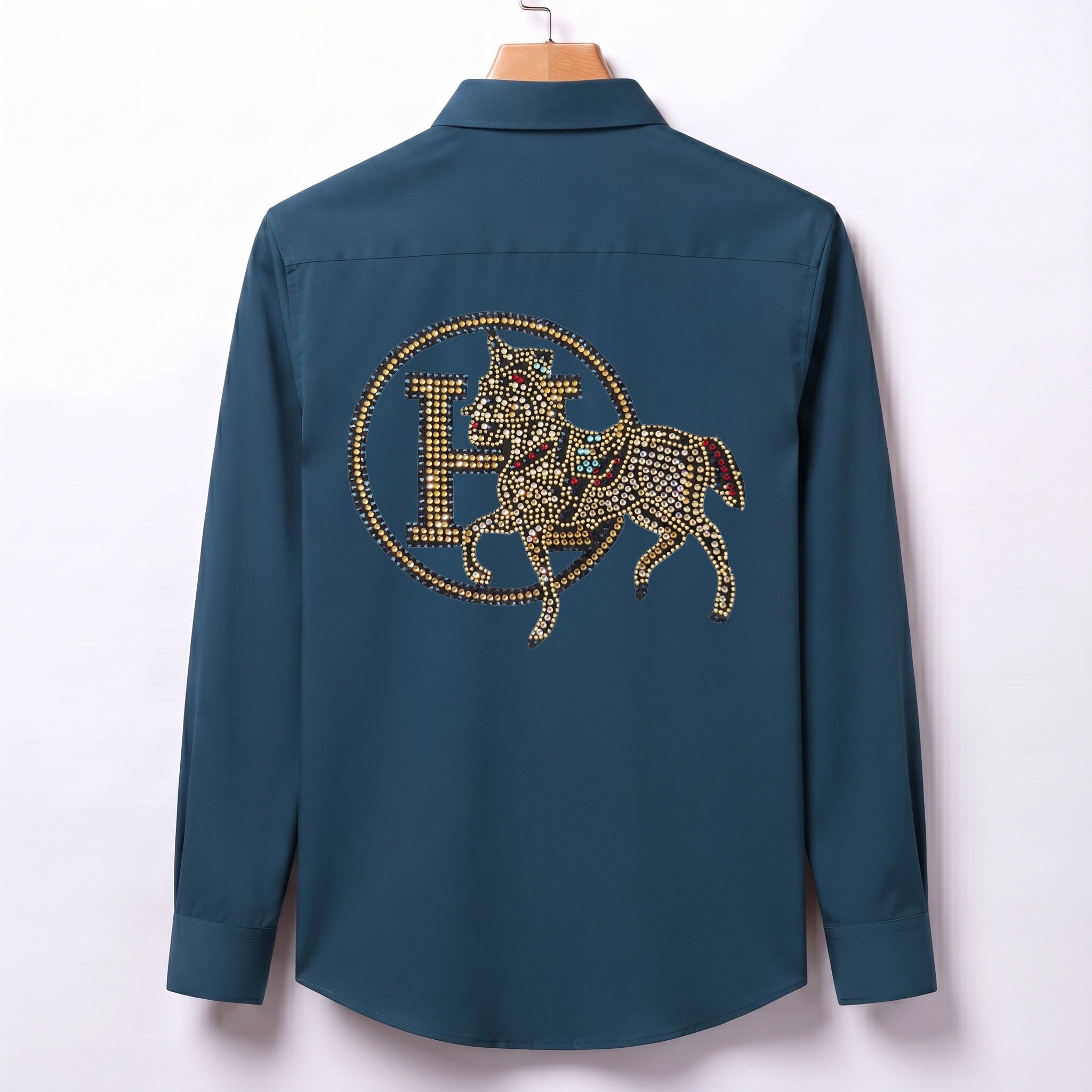 Front & Back Horse Embroidery Party Shirts | Club Wear | Teal Blue