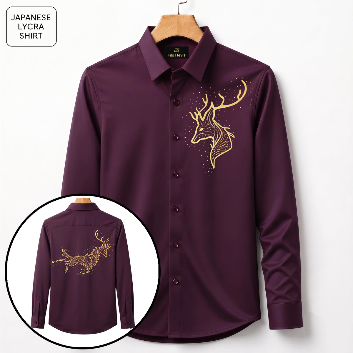 Front & Back Double Deer Embroidery Party Shirts | Club Wear | Wine
