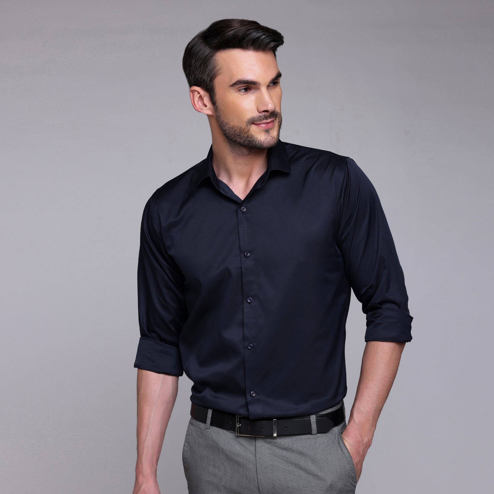 Navy blue satin shirt for men