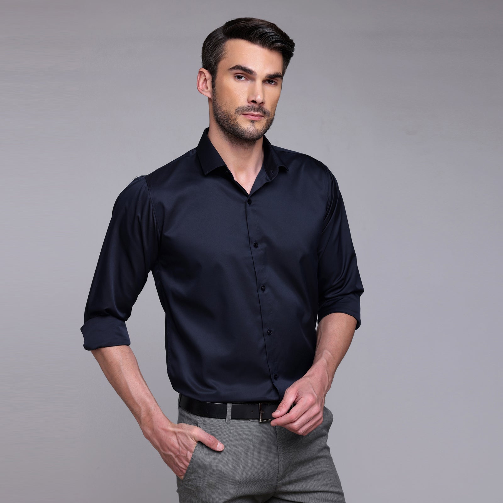 plain satin shirt nevy blue