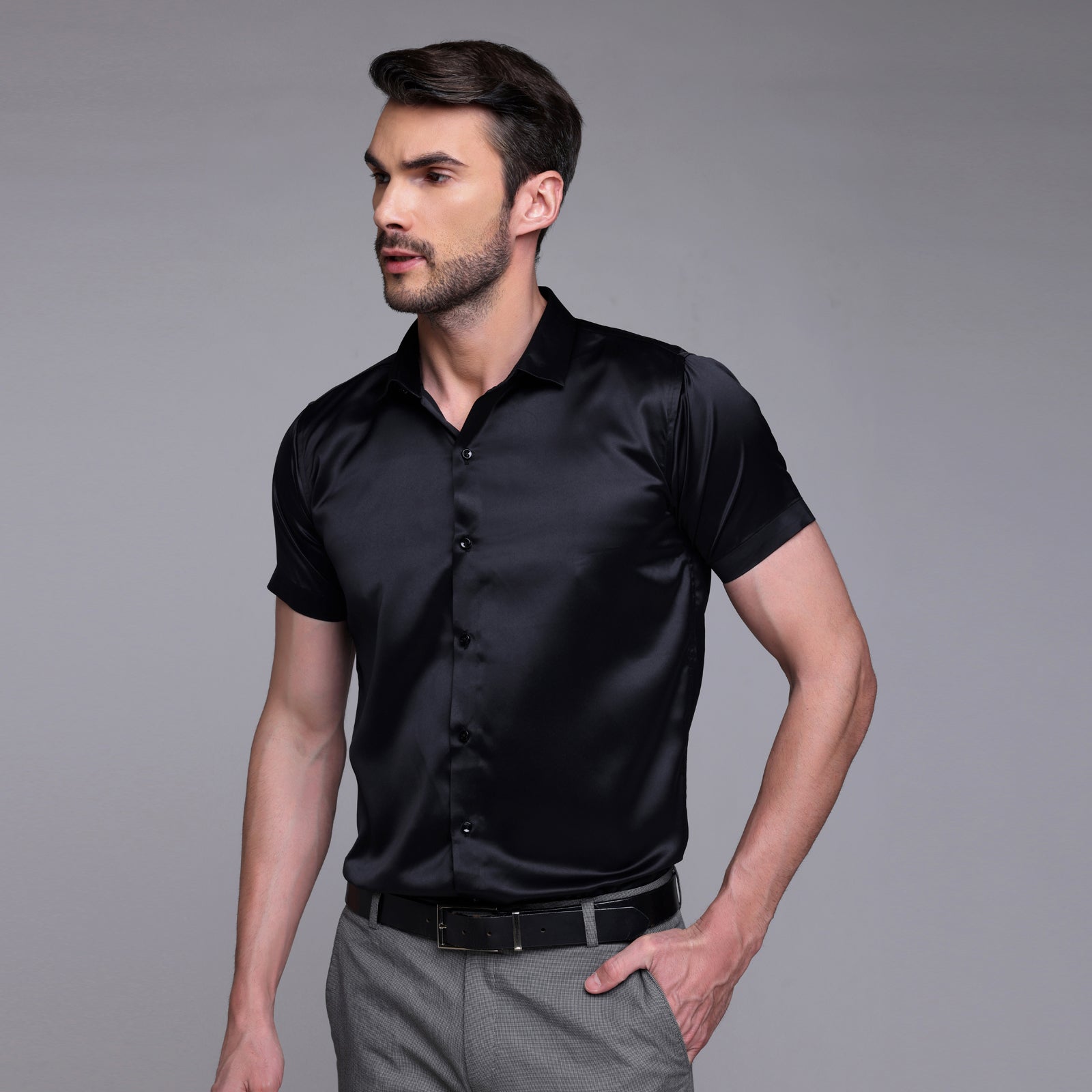 black satin shirt half sleeve