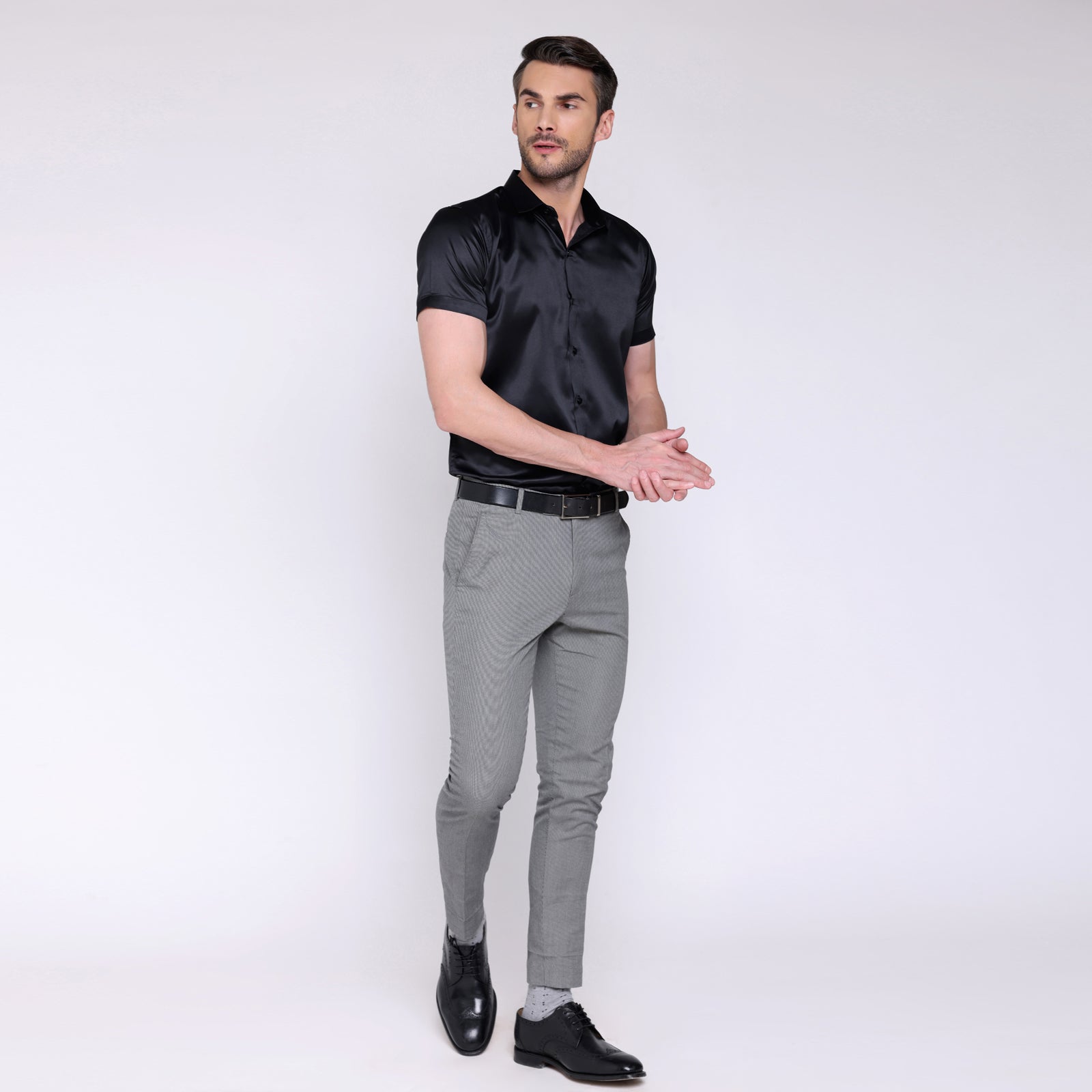 formal black satin shirt half sleeve