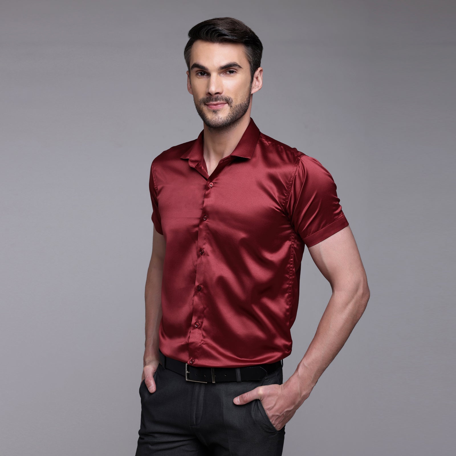 Men’s Satin Half Sleeve Formal Shirt – Premium Soft & Shiny Finish-Maroon My Store