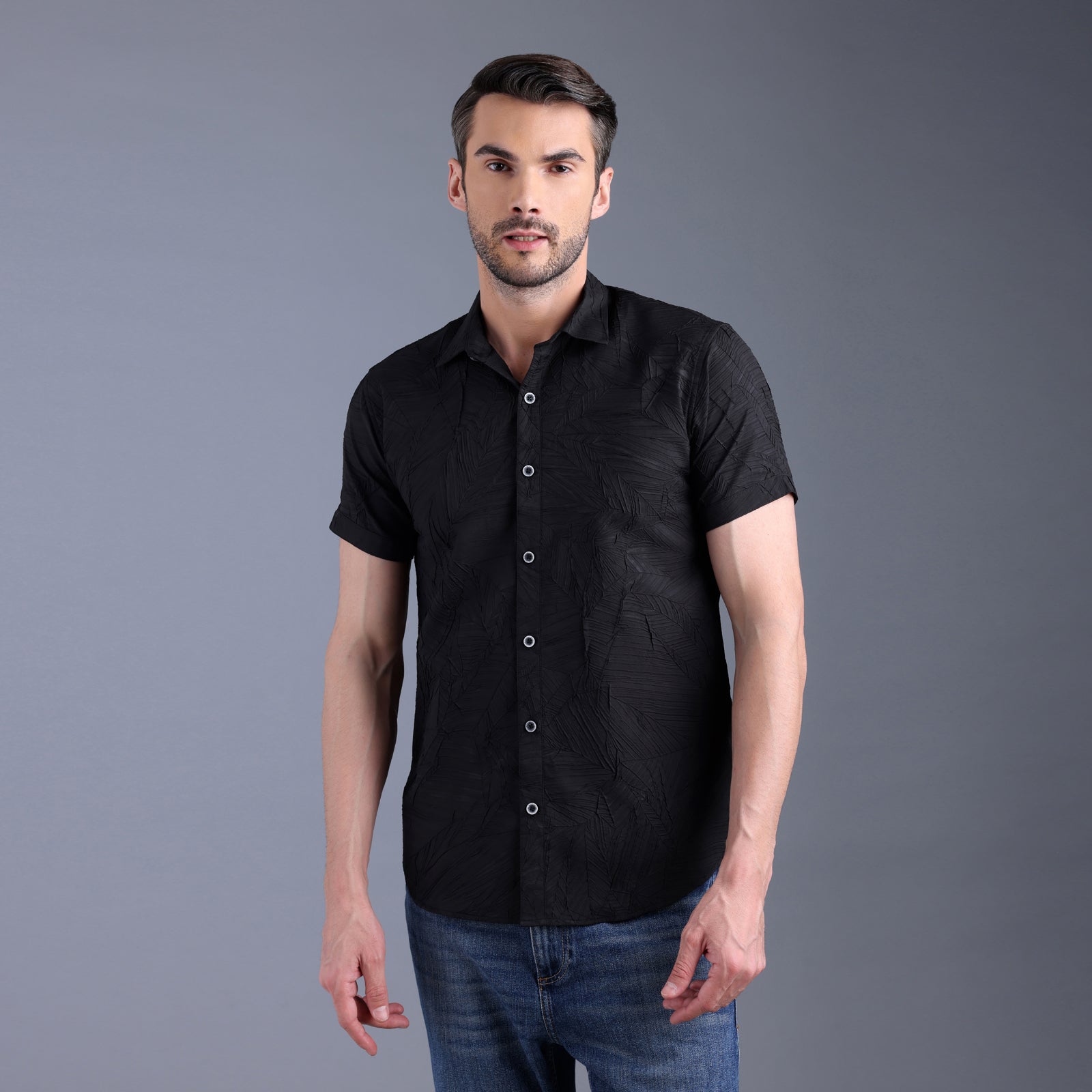 Black Coconut Textured Half Shirt