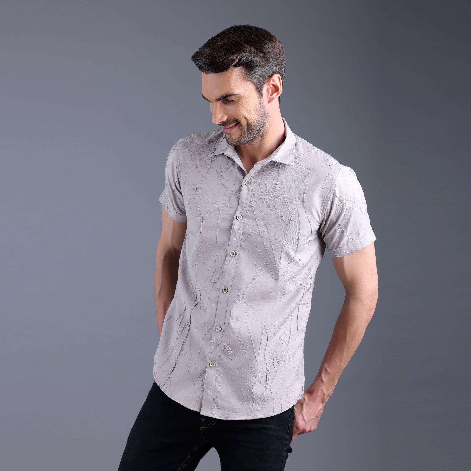 Grey Coconut Textured Half Shirt