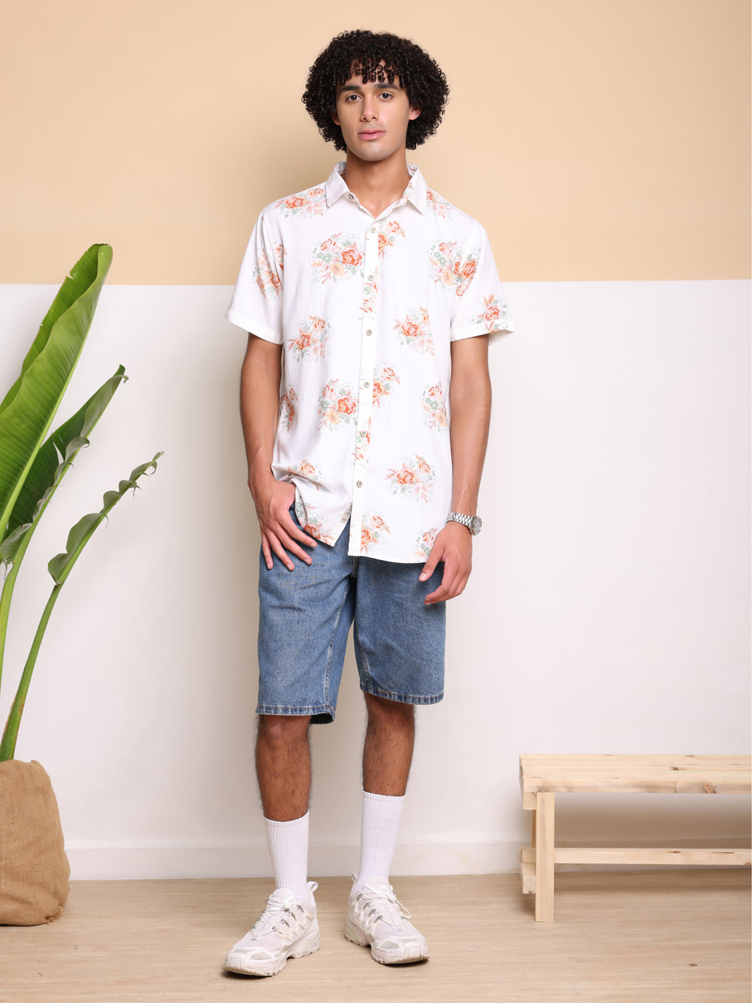 Orange Half Casual Printed Cotton Shirt Regular Fit For Men