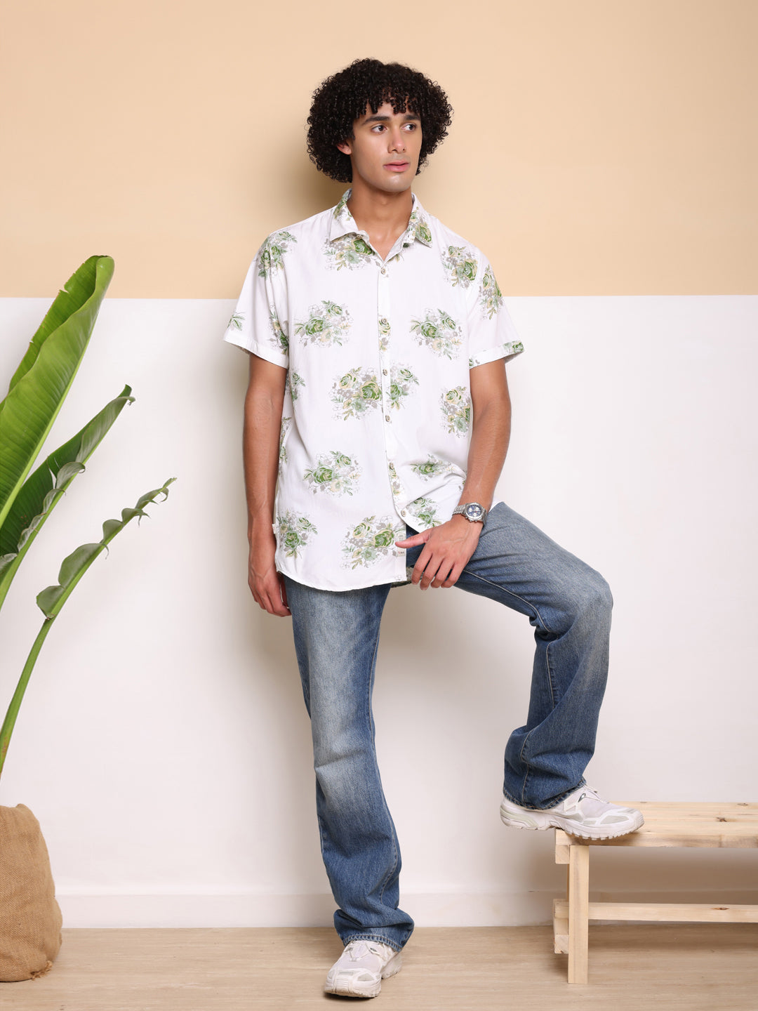 Green Half Casual Printed Cotton Shirt Regular Fit For Men