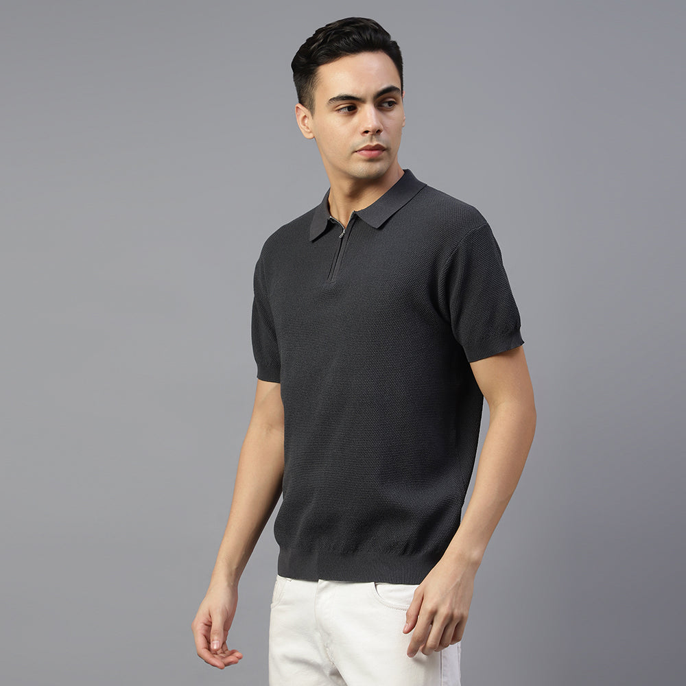 Grey Knitted Polo T-shirt