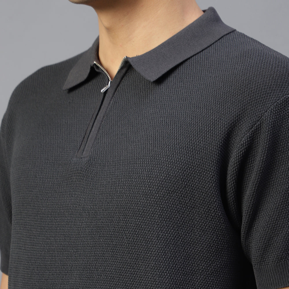 Grey Knitted Polo T-shirt
