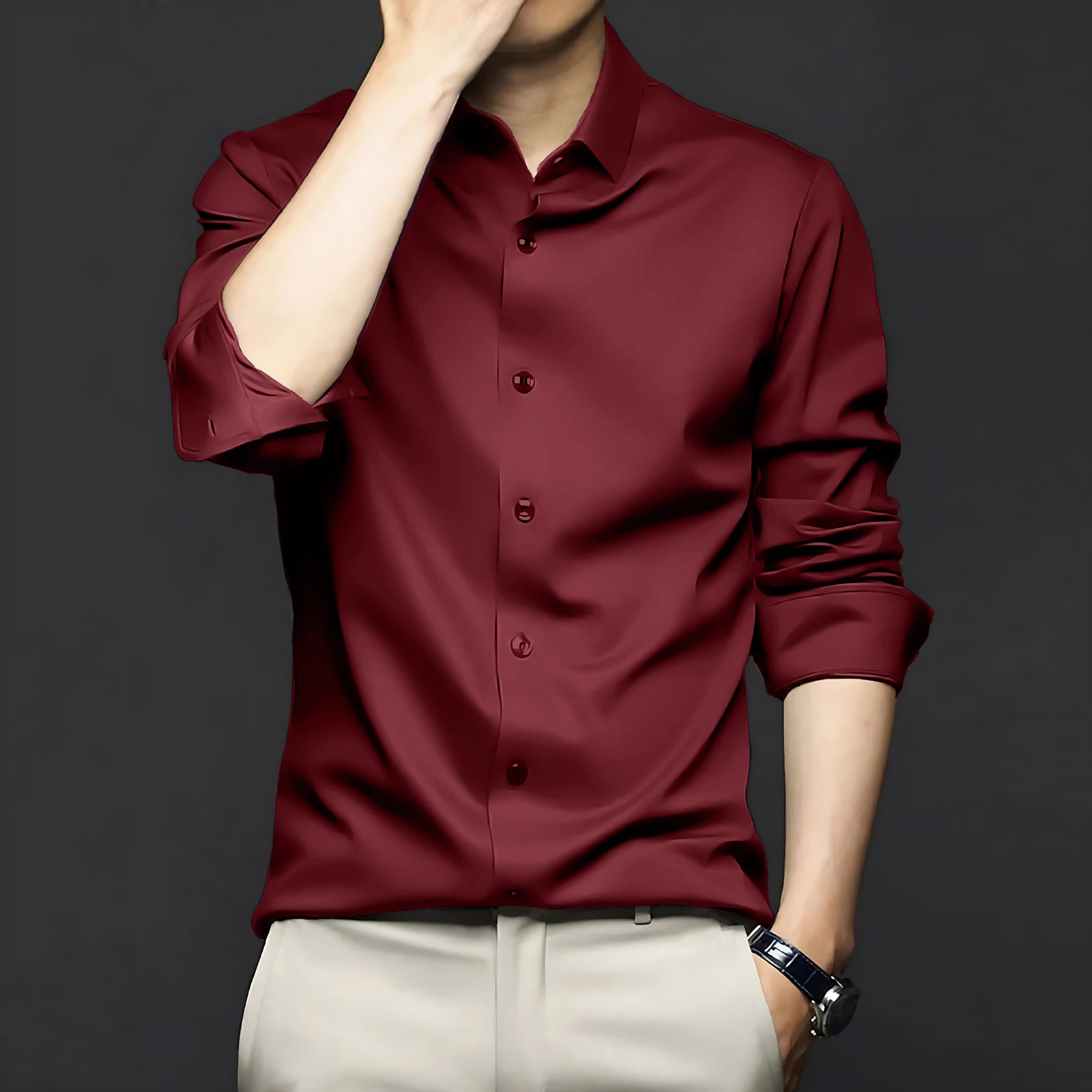 Poly Satin formal Shirt For Men-Maroon