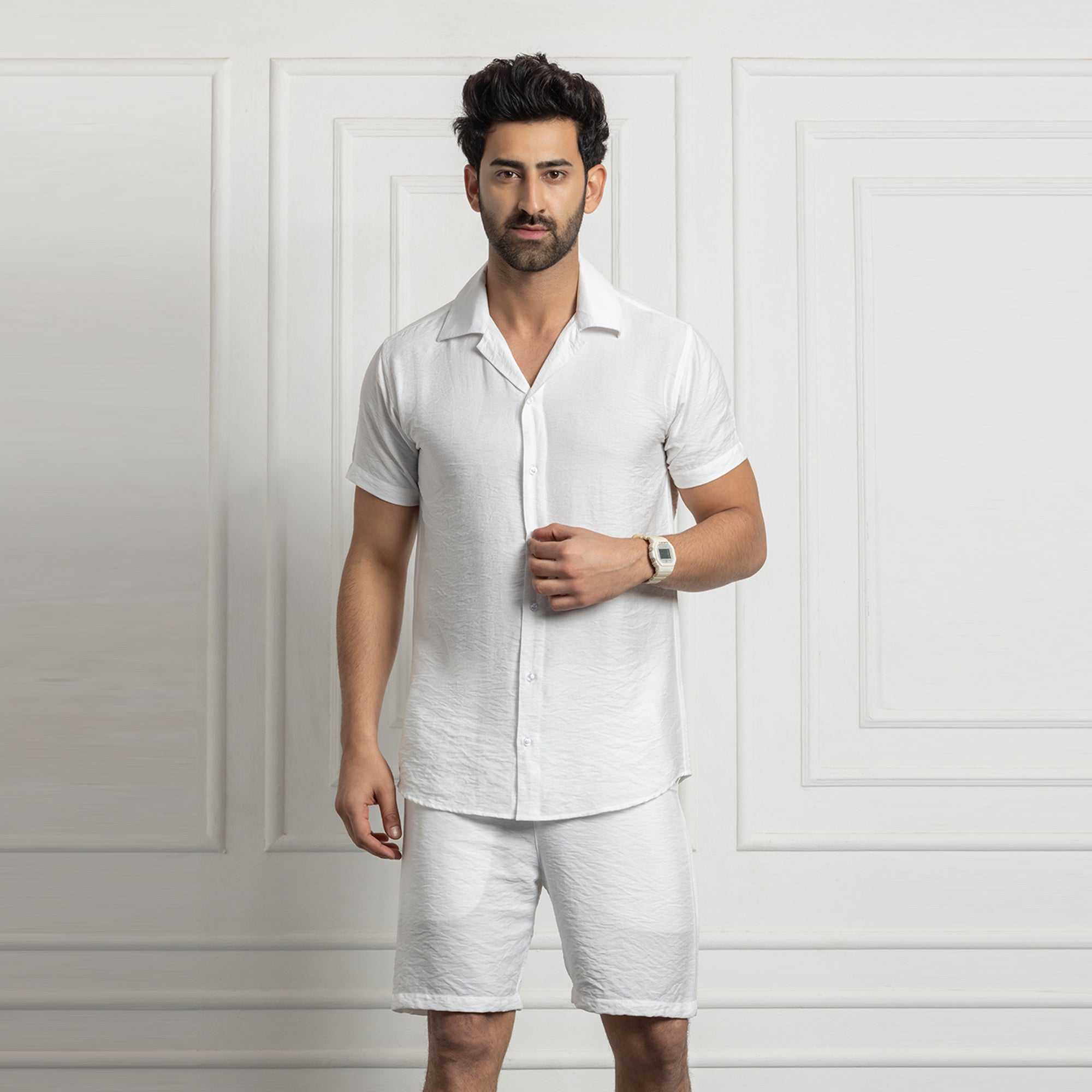 Men's Linen Shirt & Short Co-ords Set- White