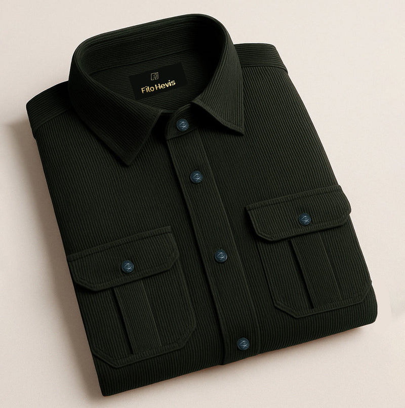 COTTON CORDUROY SHIRT FOR WINTER STYLE | 21-WALES CORDUROY | DOUBLE POCKET | Olive Green