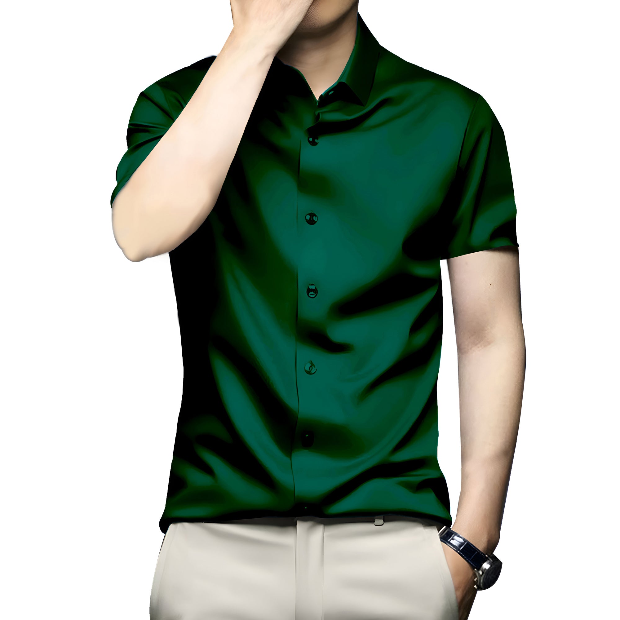 Men’s Satin Half Sleeve Formal Shirt – Premium Soft & Shiny Finish-Bottle Green