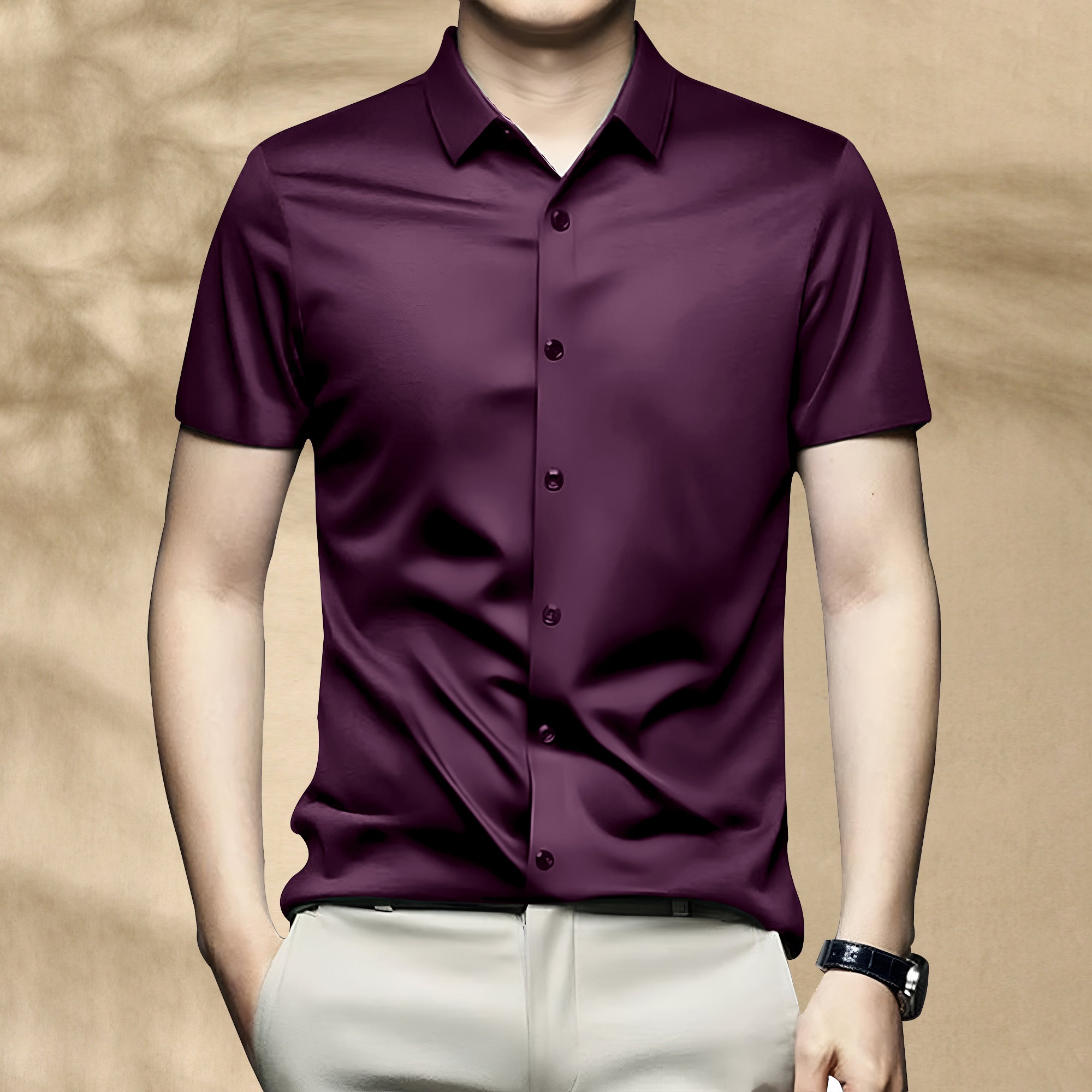 Men’s Satin Half Sleeve Formal Shirt – Premium Soft & Shiny Finish-Wine
