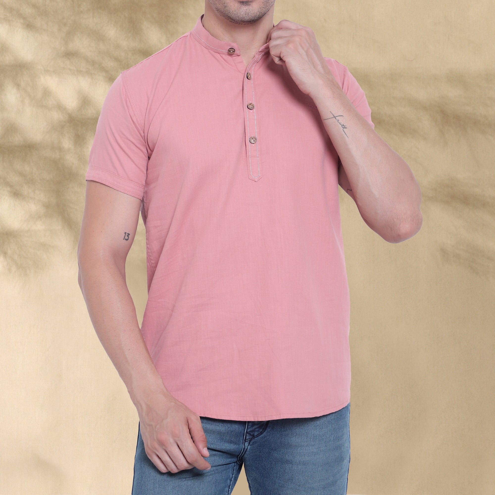 Men’s Half Sleeve Short Kurta – Casual & Ethnic Fusion Wear-Pink