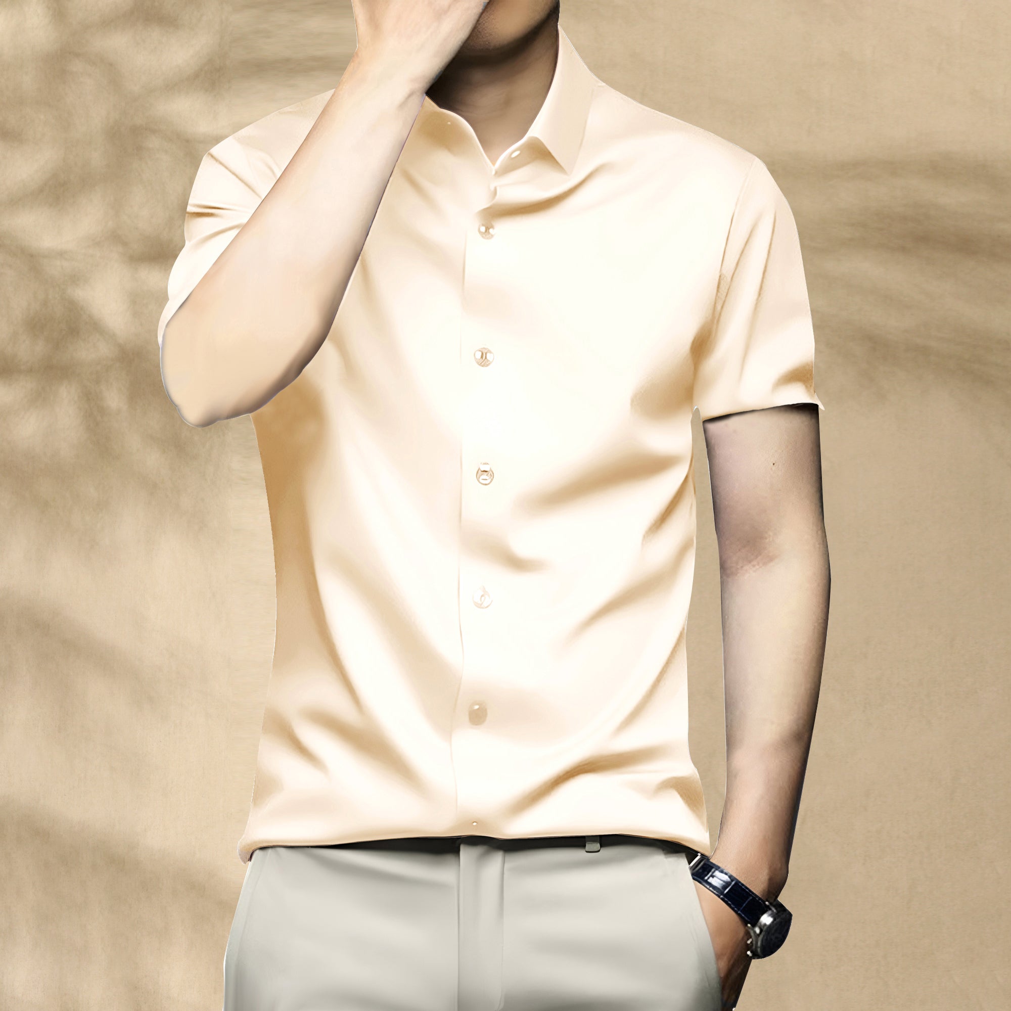 Men’s Satin Half Sleeve Formal Shirt – Premium Soft & Shiny Finish-Cream