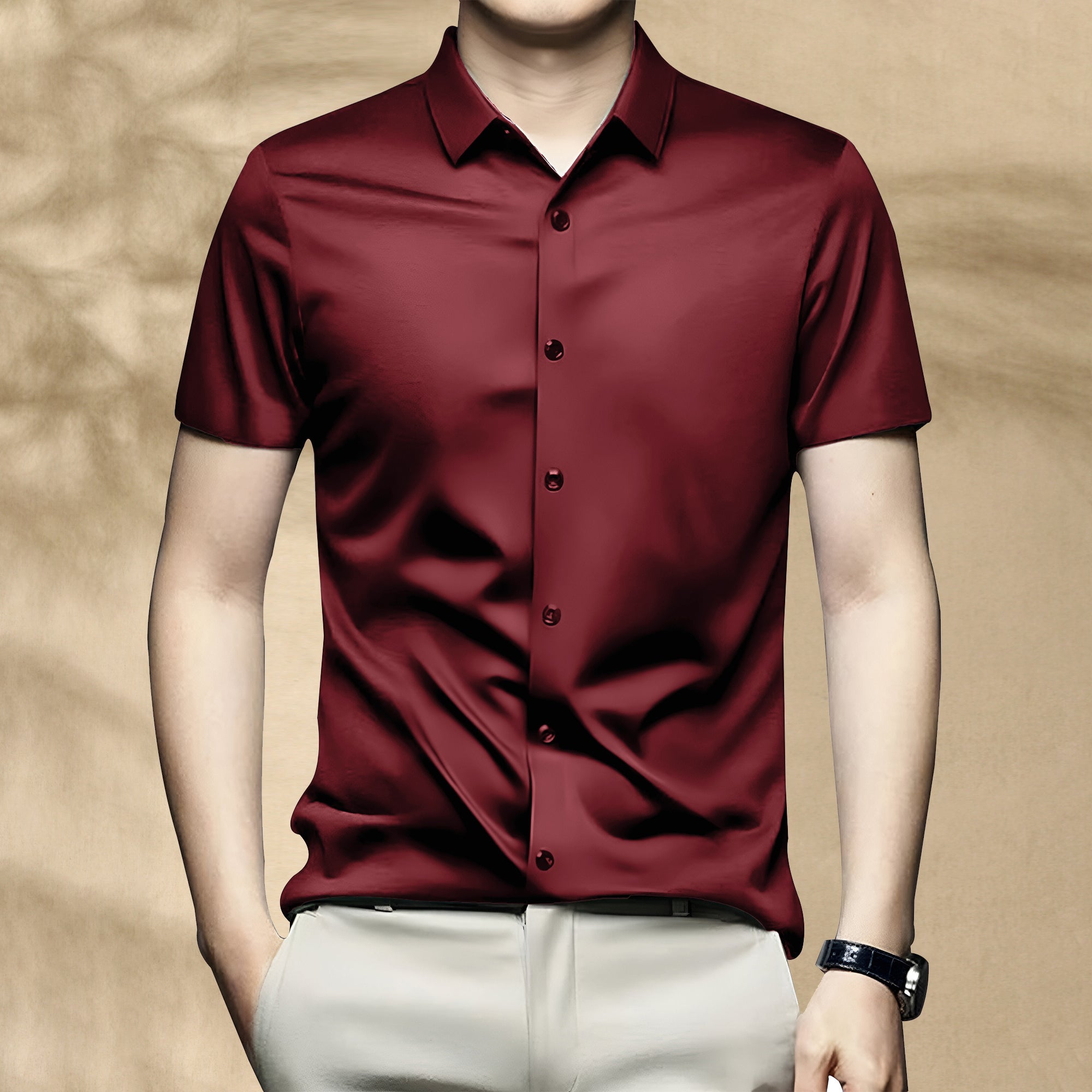 Men’s Satin Half Sleeve Formal Shirt – Premium Soft & Shiny Finish-Maroon