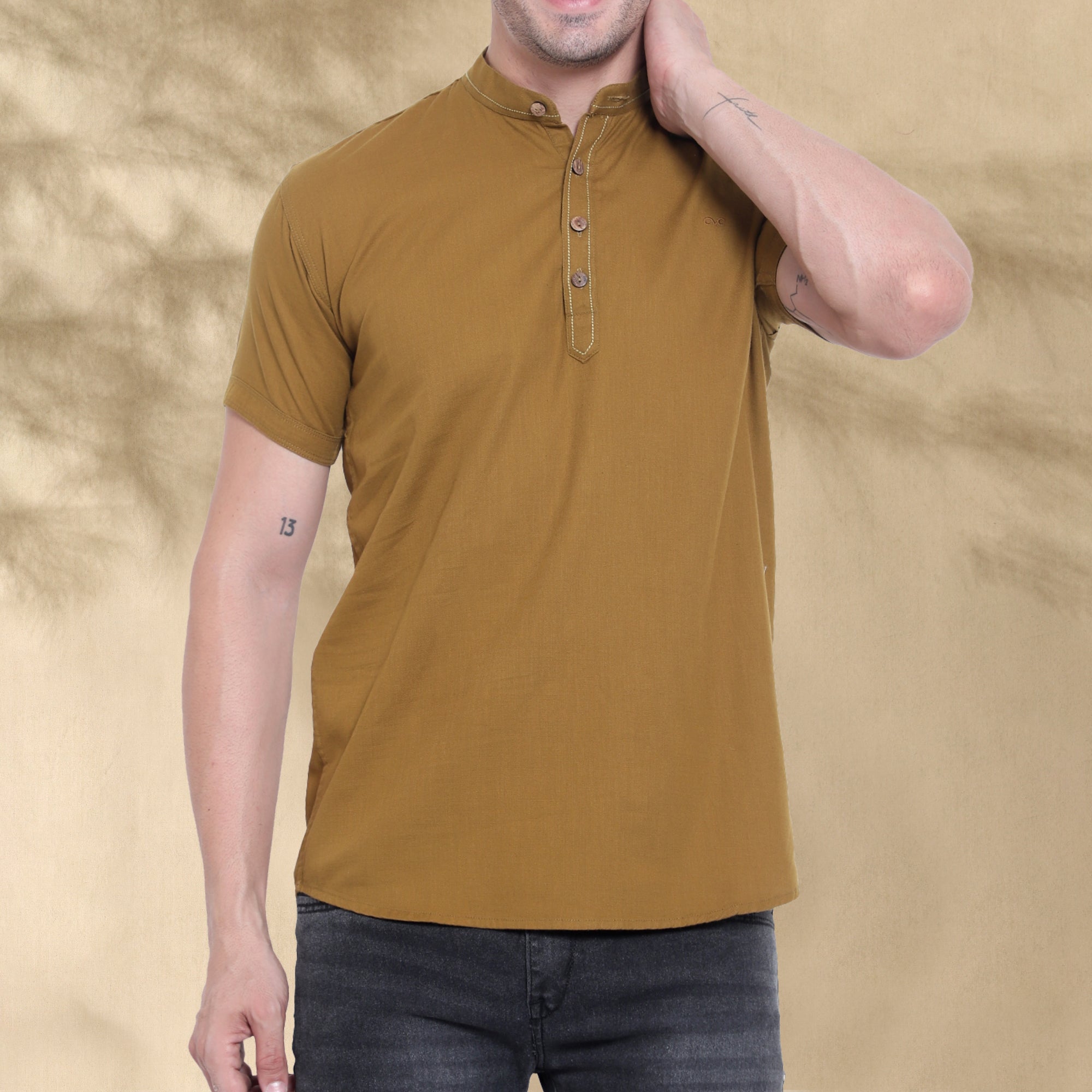 Men’s Half Sleeve Short Kurta – Casual & Ethnic Fusion Wear-Mustard