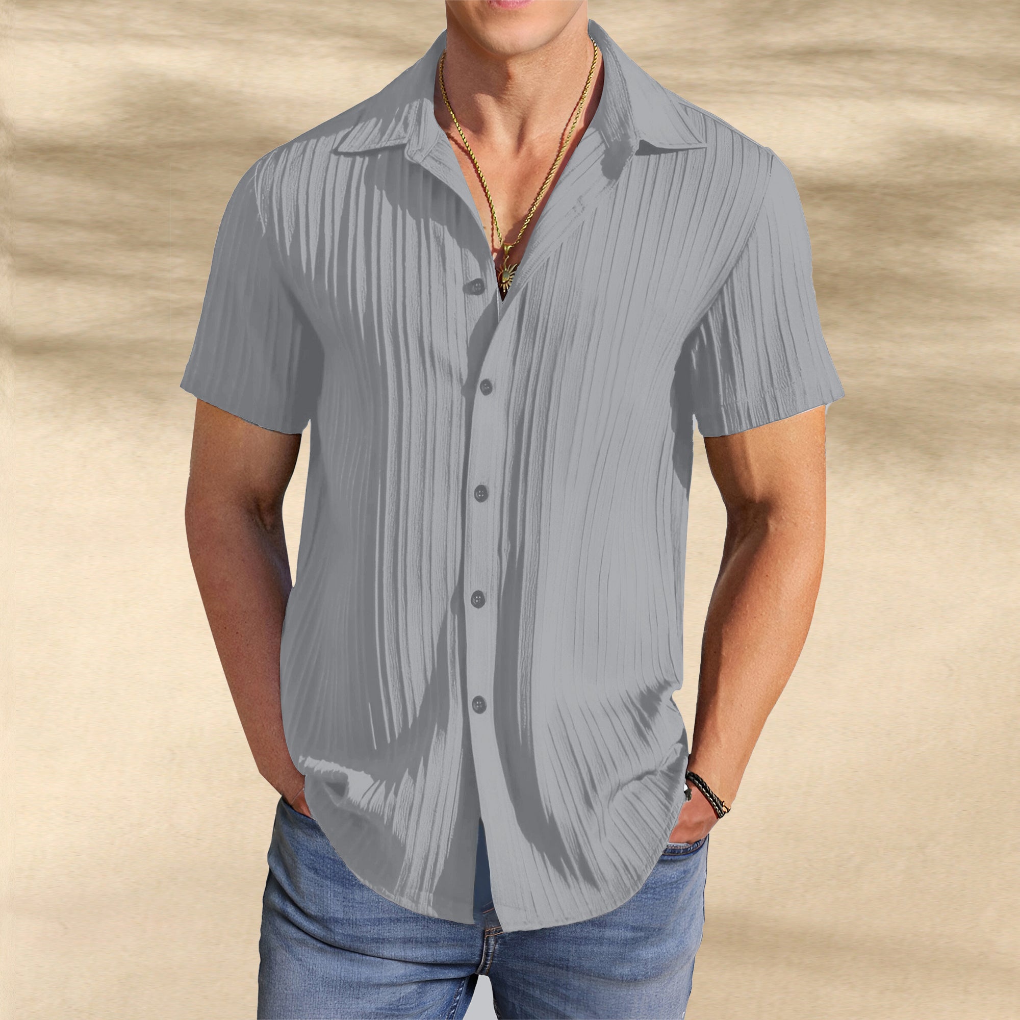 Men’s Textured Popcorn Half Sleeve Casual Shirt – Grey