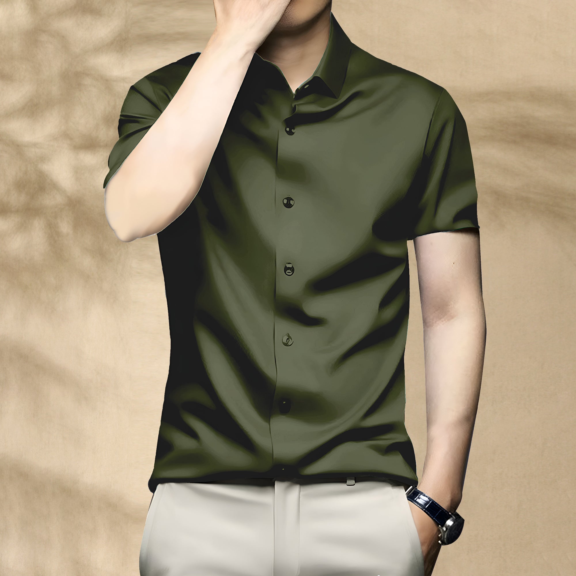 Men’s Satin Half Sleeve Formal Shirt – Premium Soft & Shiny Finish-Olive Green