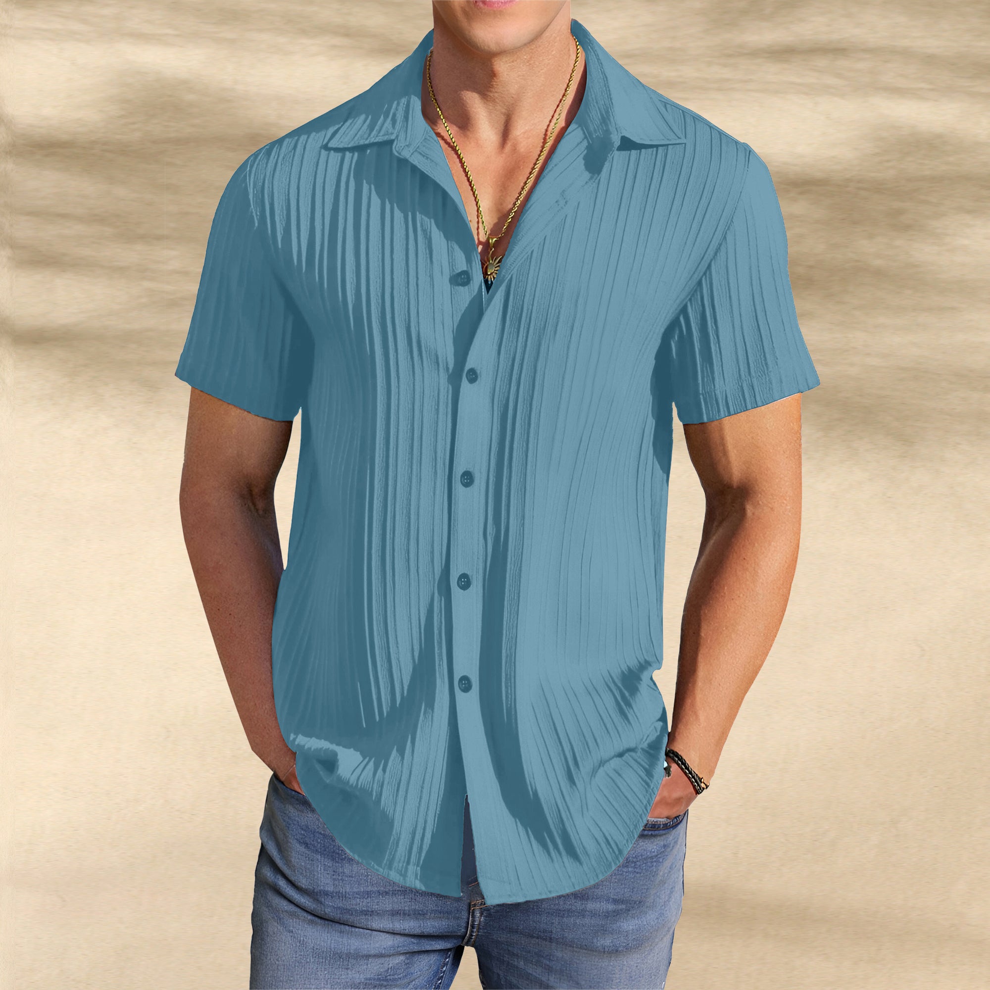 Men’s Textured Popcorn Half Sleeve Casual Shirt – Sky Blue