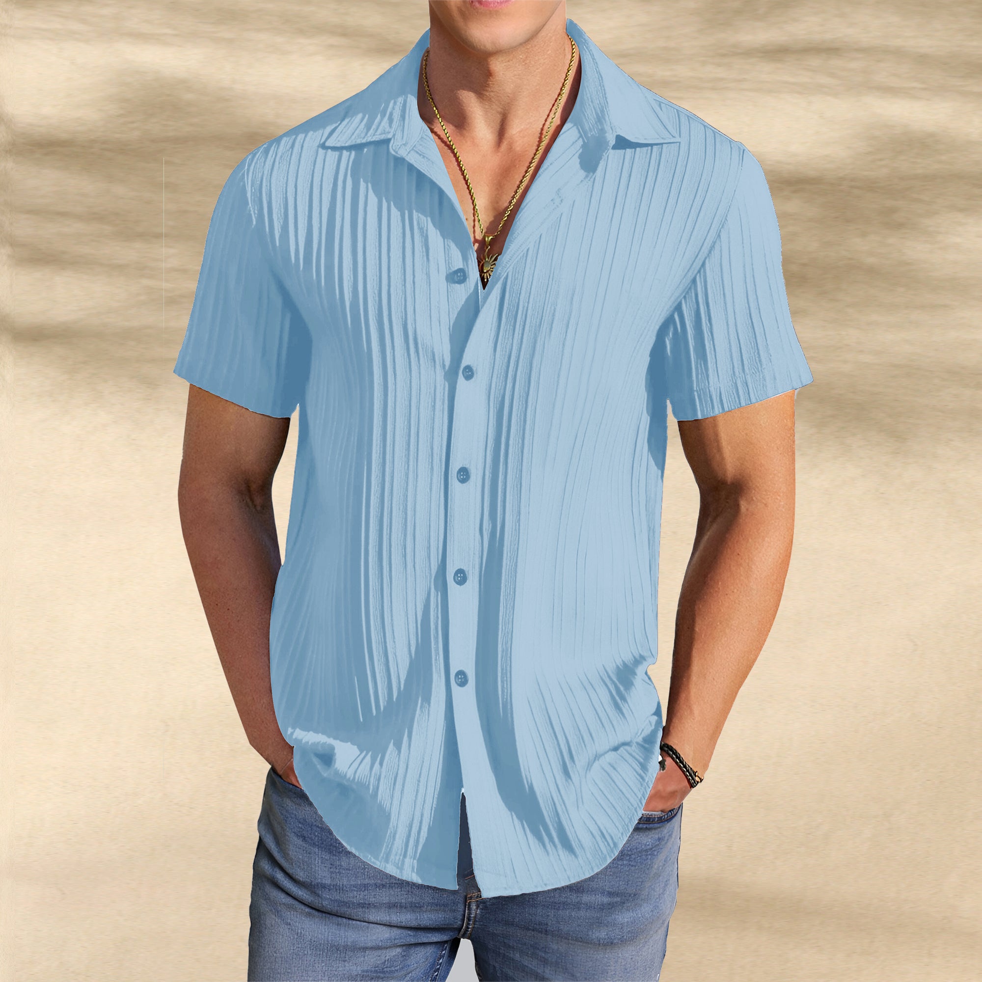 Men’s Textured Popcorn Half Sleeve Casual Shirt – Sky