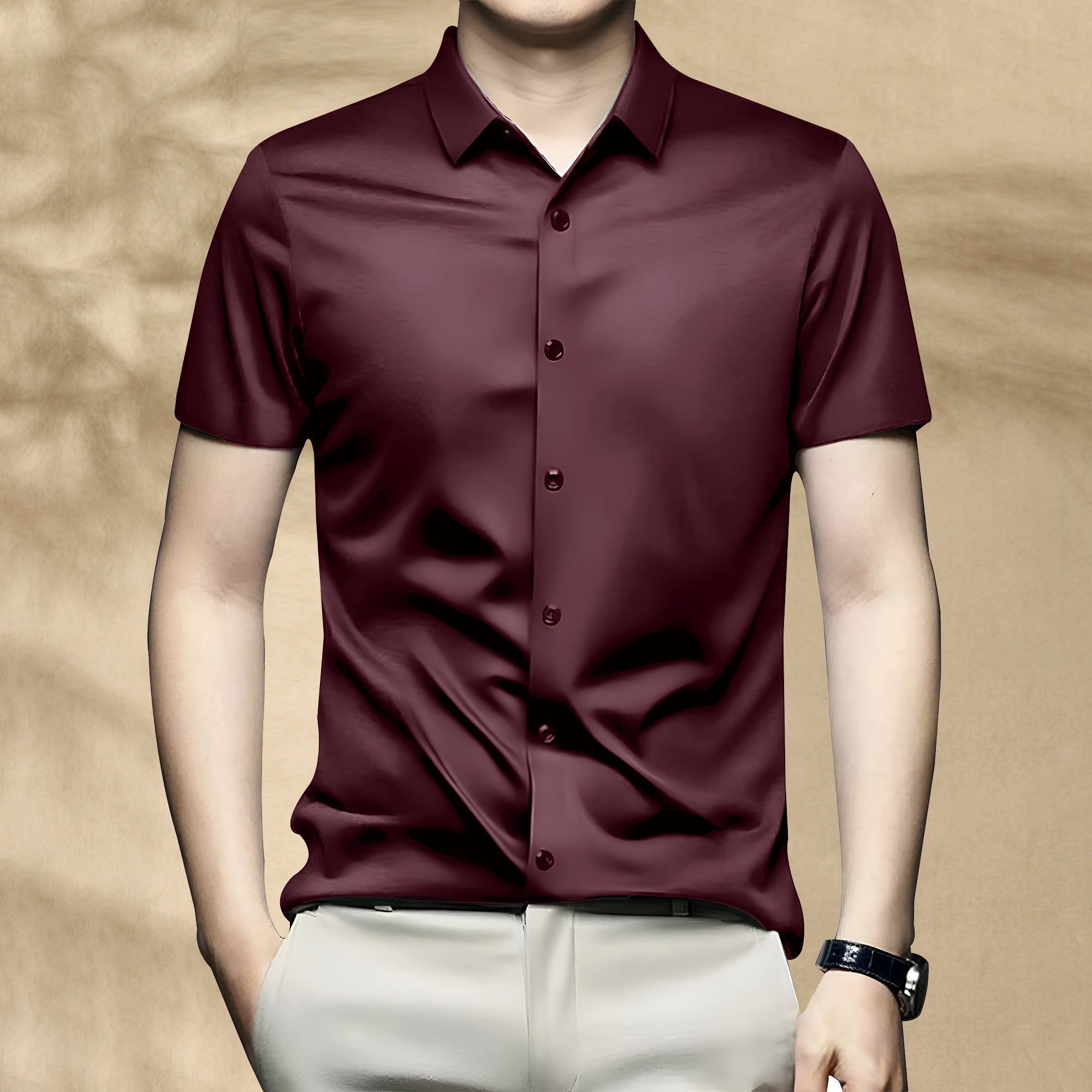 Men’s Satin Half Sleeve Formal Shirt – Premium Soft & Shiny Finish-Dark Maroon