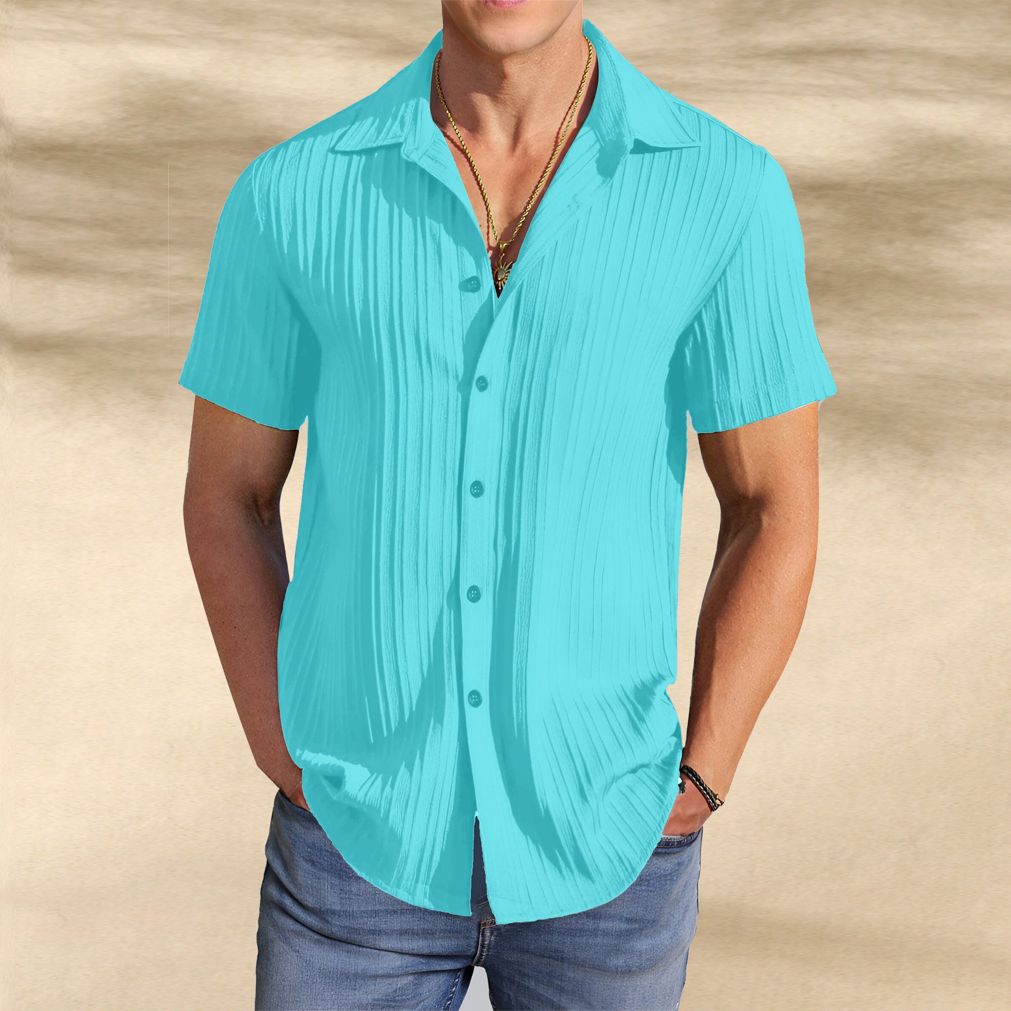 Men’s Textured Popcorn Half Sleeve Casual Shirt – Light Sky