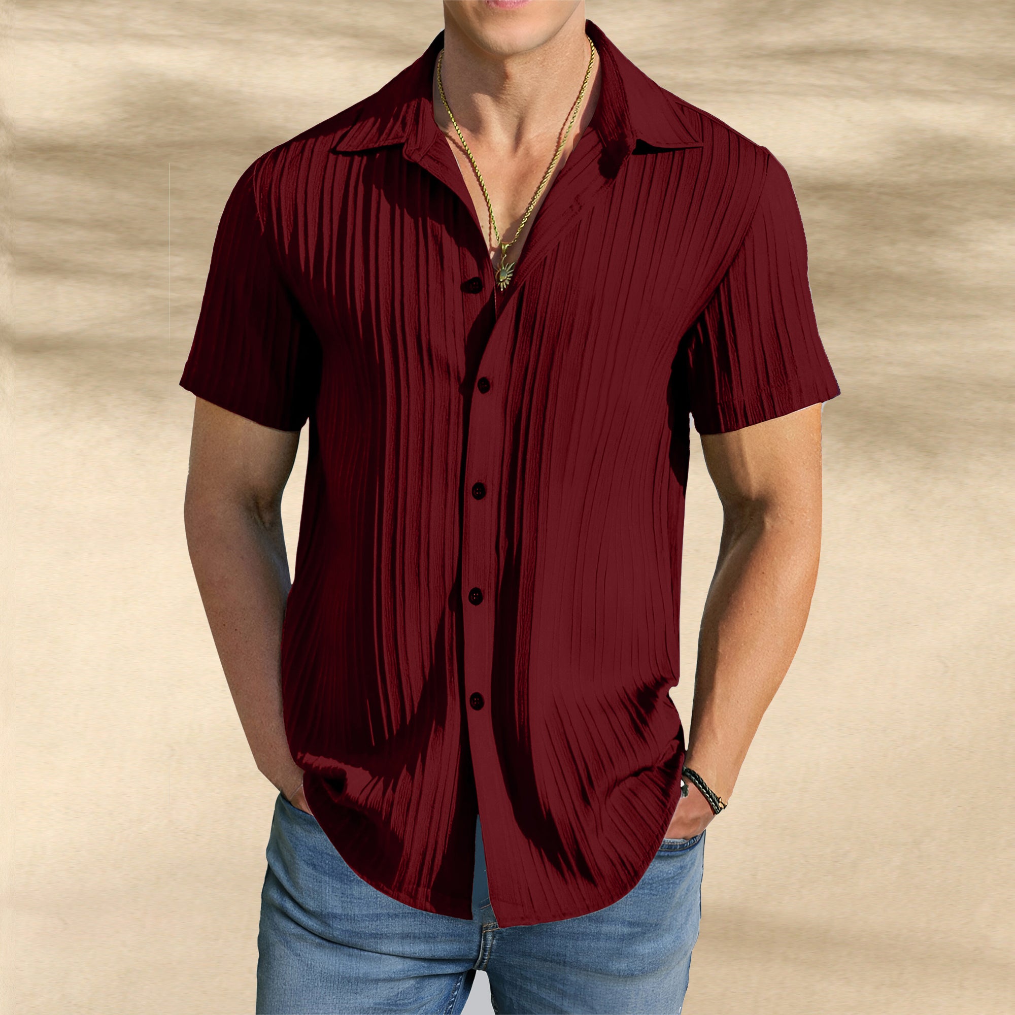 Men’s Textured Popcorn Half Sleeve Casual Shirt – Red