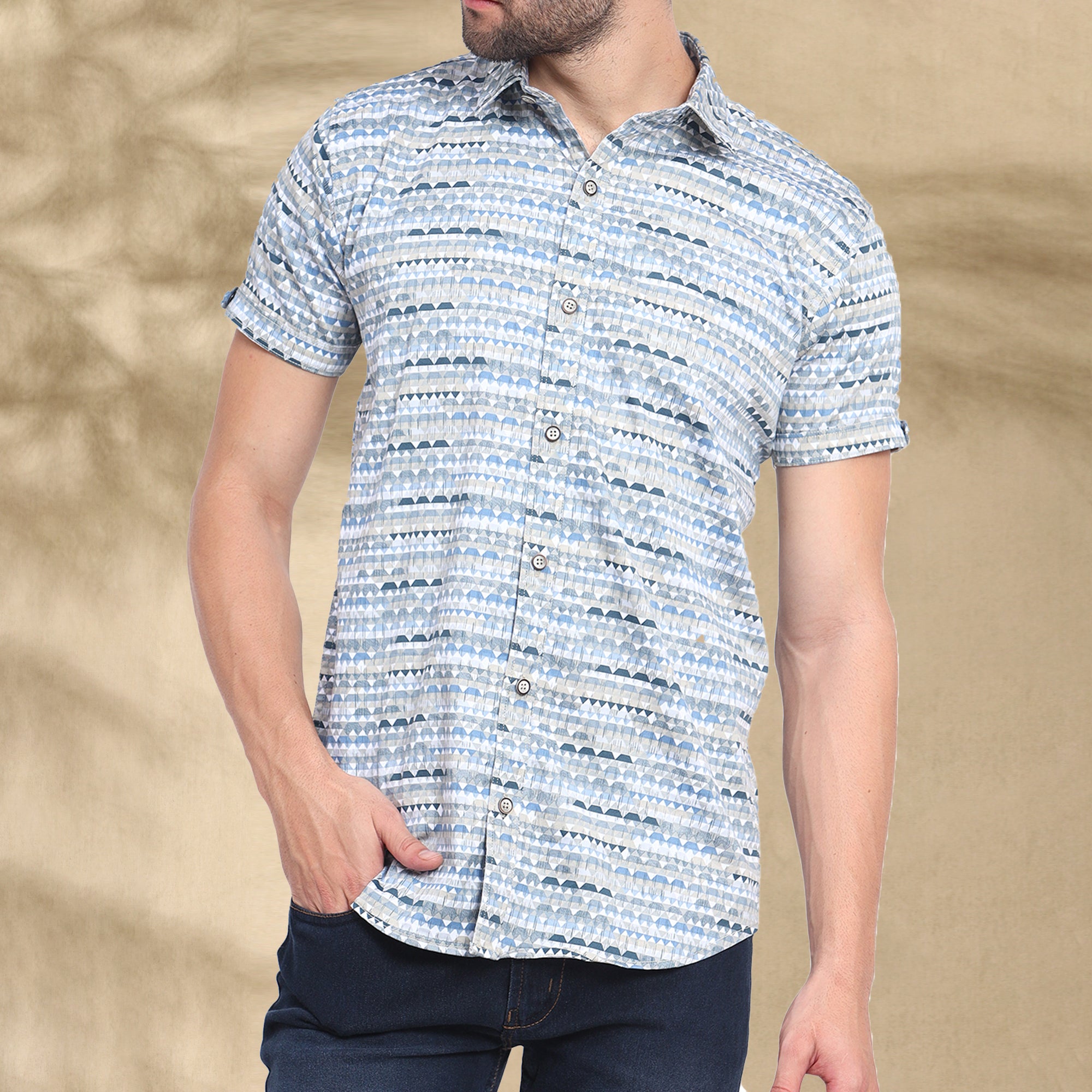 LIGHT BLUE HALF CASUAL PRINTED COTTON SHIRT REGULAR FIT FOR MEN