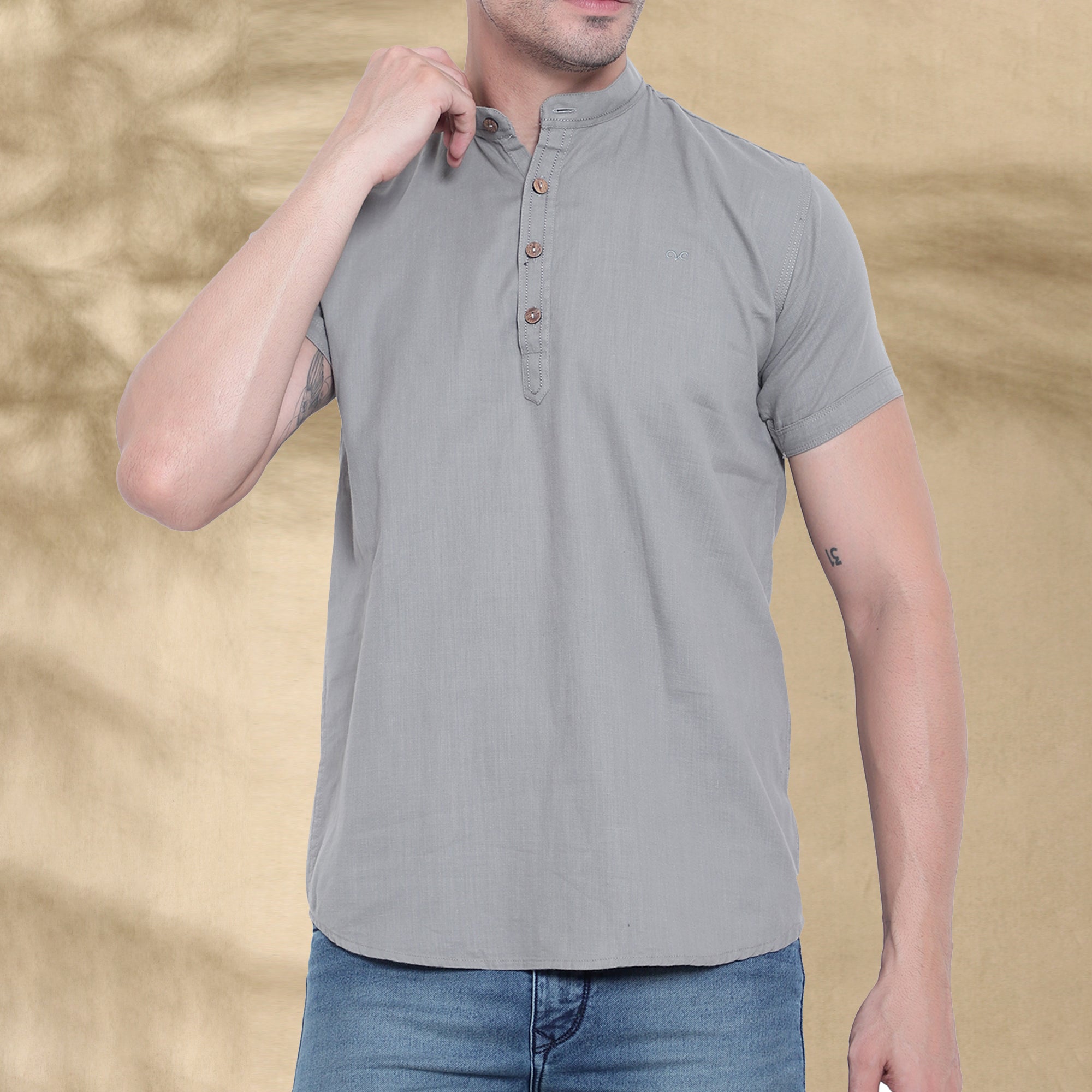 Men’s Half Sleeve Short Kurta – Casual & Ethnic Fusion Wear-Grey