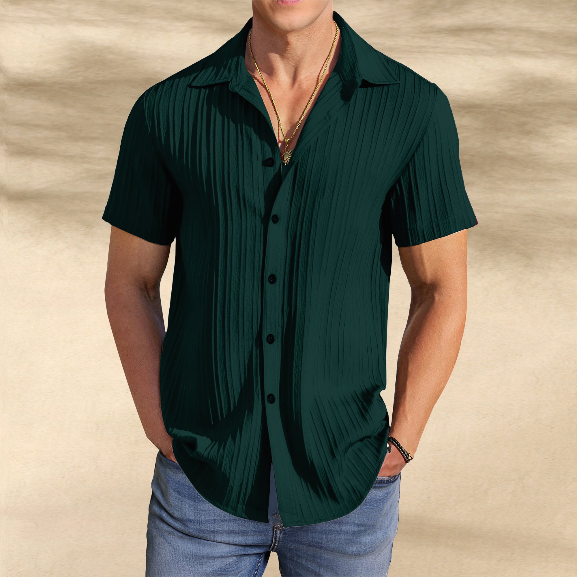 Men’s Textured Popcorn Half Sleeve Casual Shirt – Dark Green