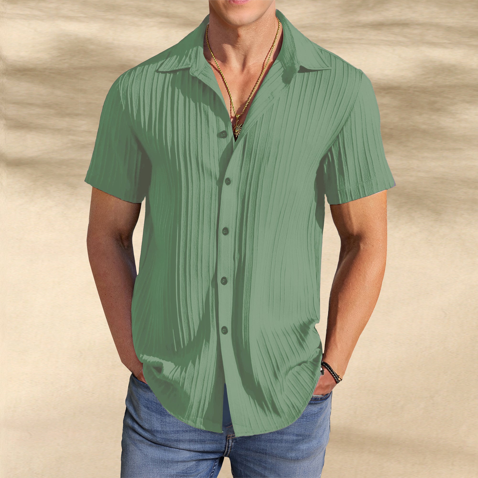 Men’s Textured Popcorn Half Sleeve Casual Shirt – Green