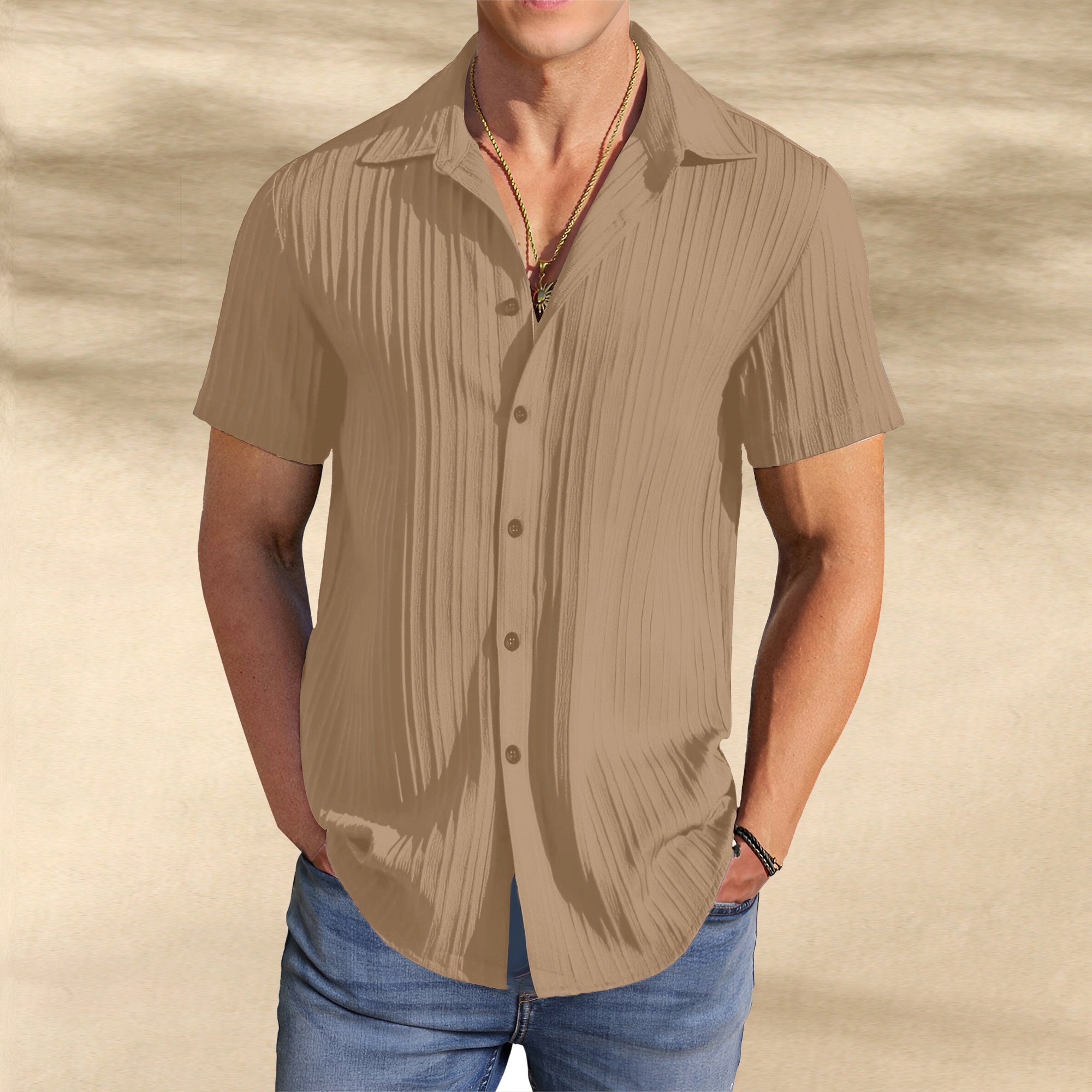 Men’s Textured Popcorn Half Sleeve Casual Shirt – Brown