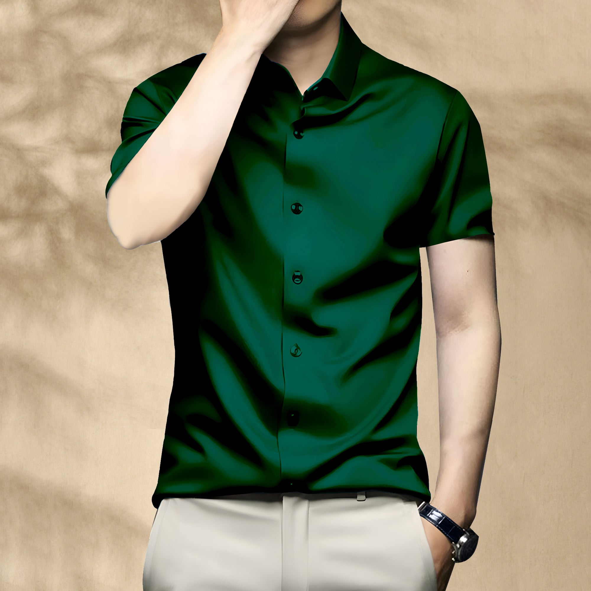 Men’s Satin Half Sleeve Formal Shirt – Premium Soft & Shiny Finish-Bottle Green