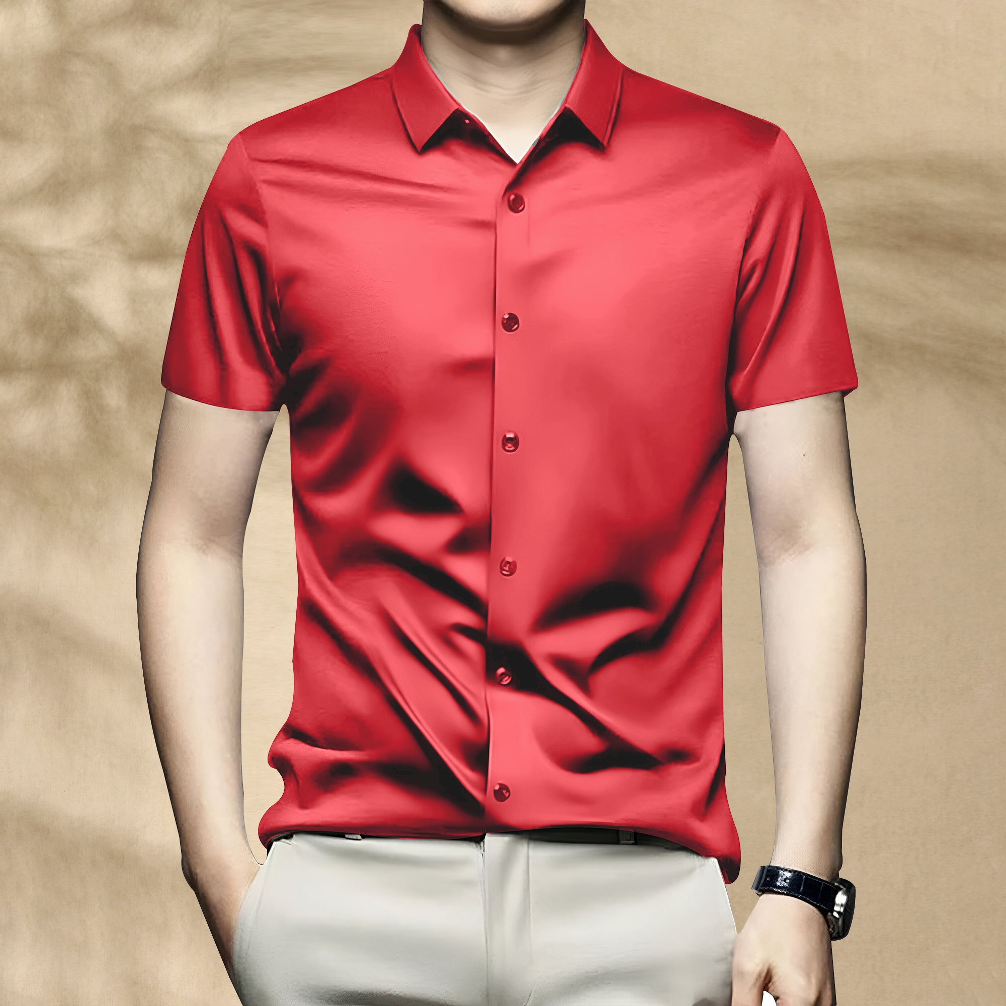 Men’s Satin Half Sleeve Formal Shirt – Premium Soft & Shiny Finish-Red