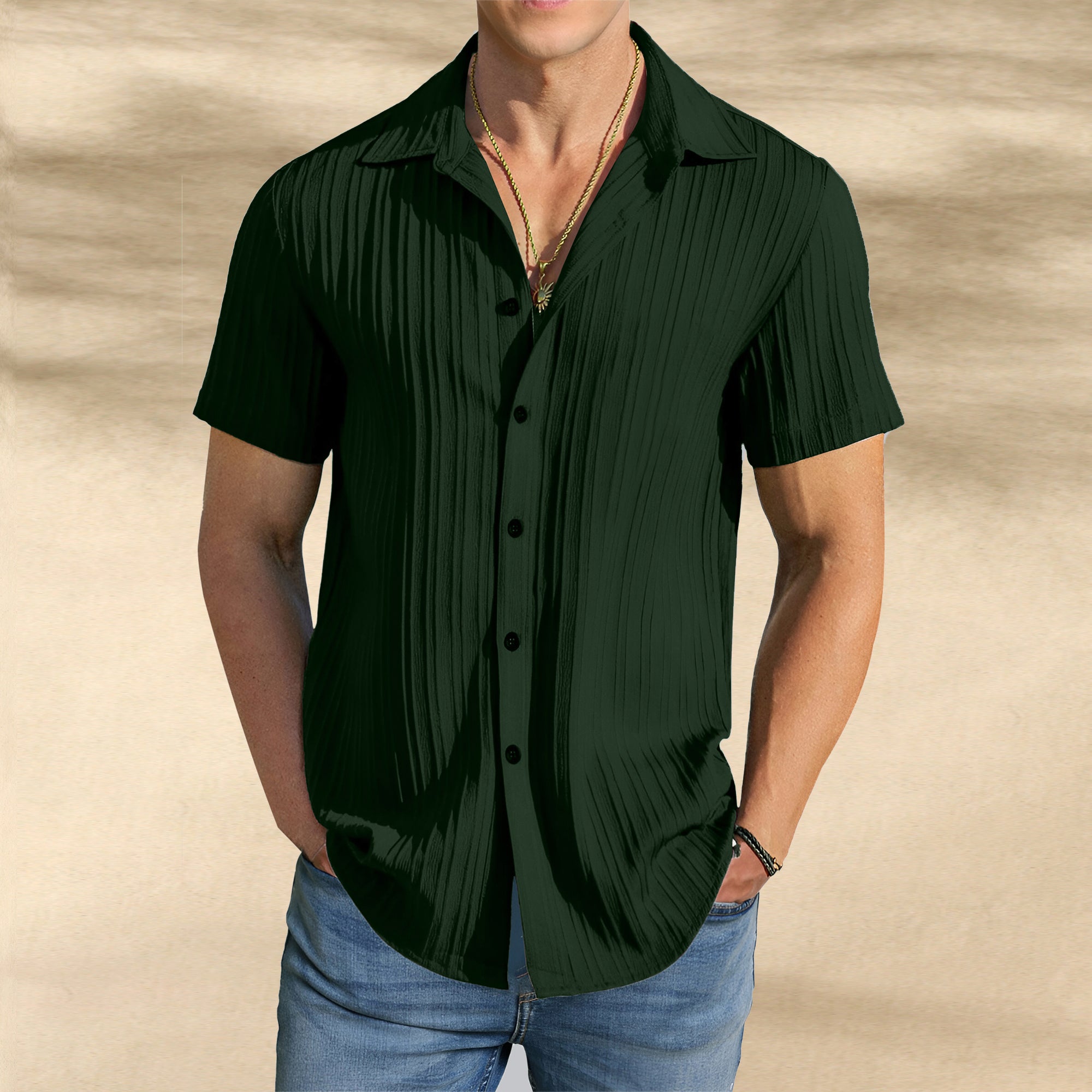 Men’s Textured Popcorn Half Sleeve Casual Shirt – Mehndi Olive