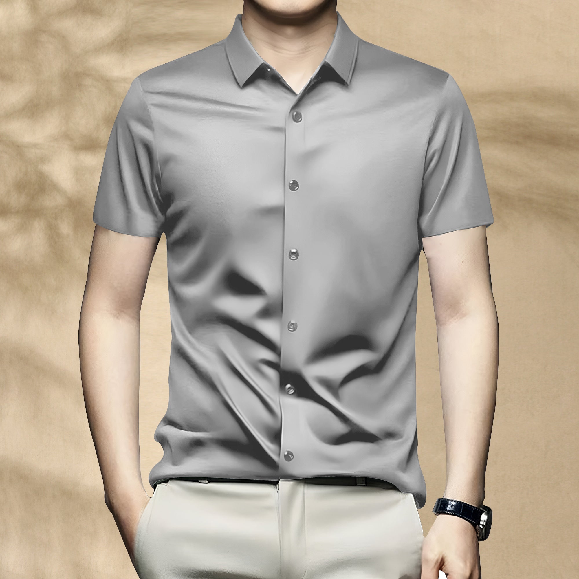 Men’s Satin Half Sleeve Formal Shirt – Premium Soft & Shiny Finish-Silver