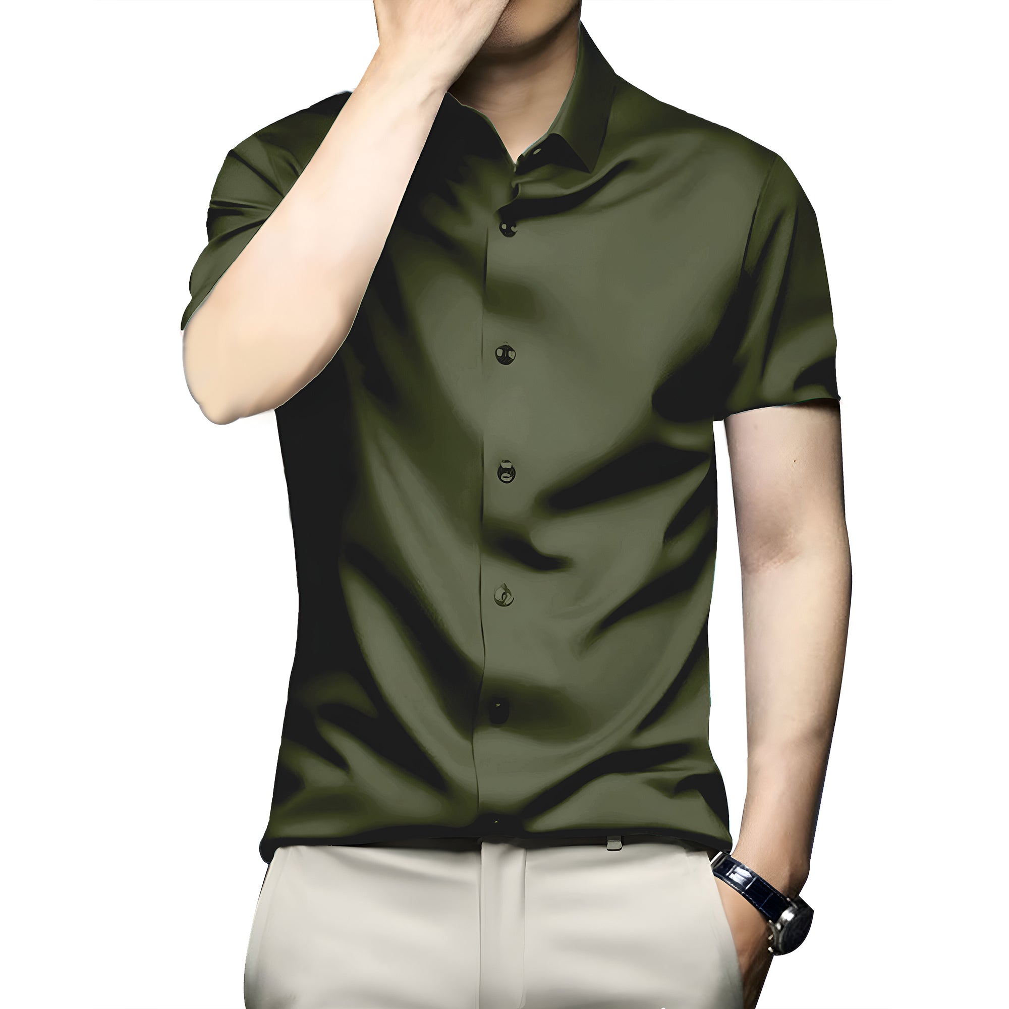 Men’s Satin Half Sleeve Formal Shirt – Premium Soft & Shiny Finish-Olive Green